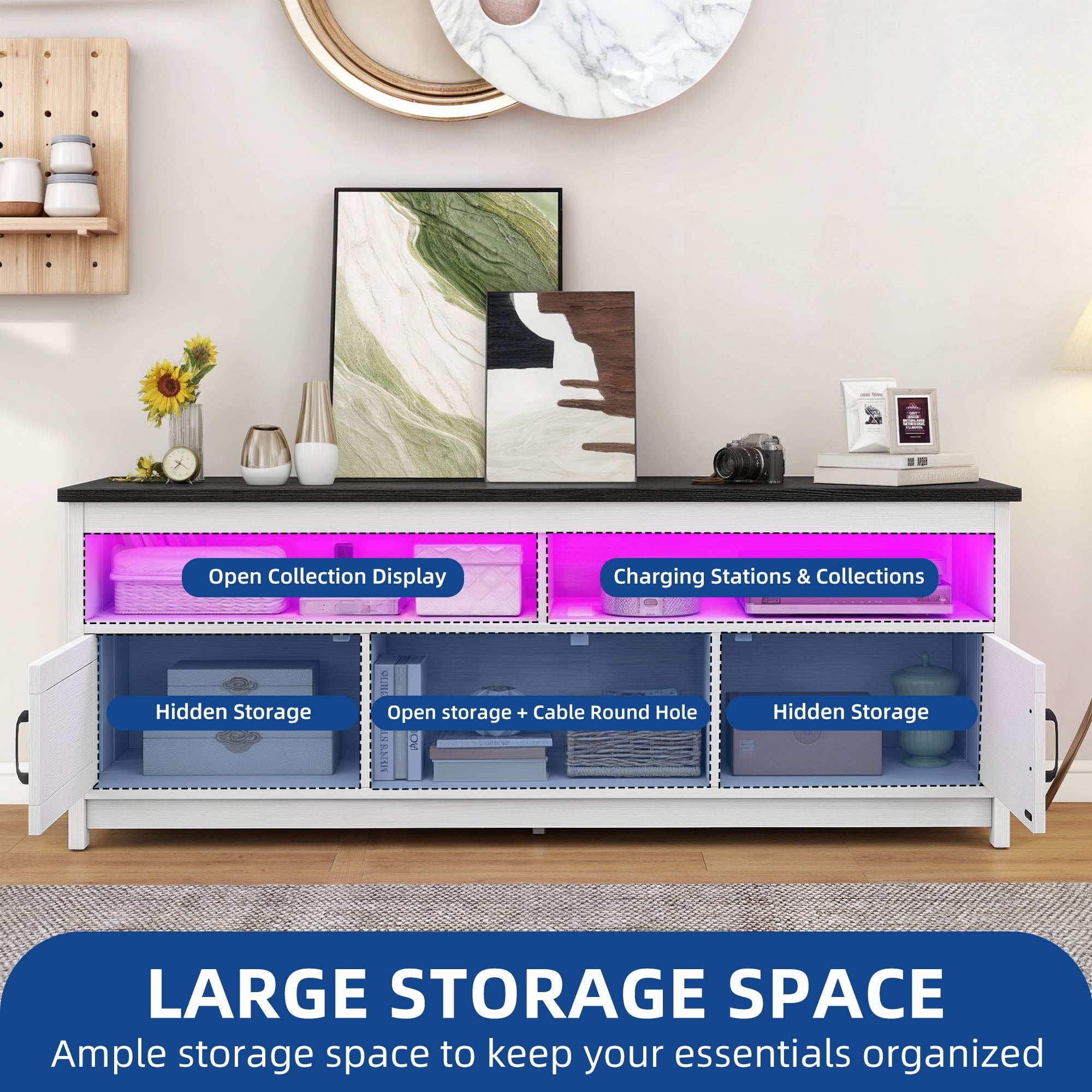 TV-Ständer im Landhausstil für Fernseher bis zu 65 Zoll mit Türen und offenen Regalen, Medienkonsole mit Steckdose