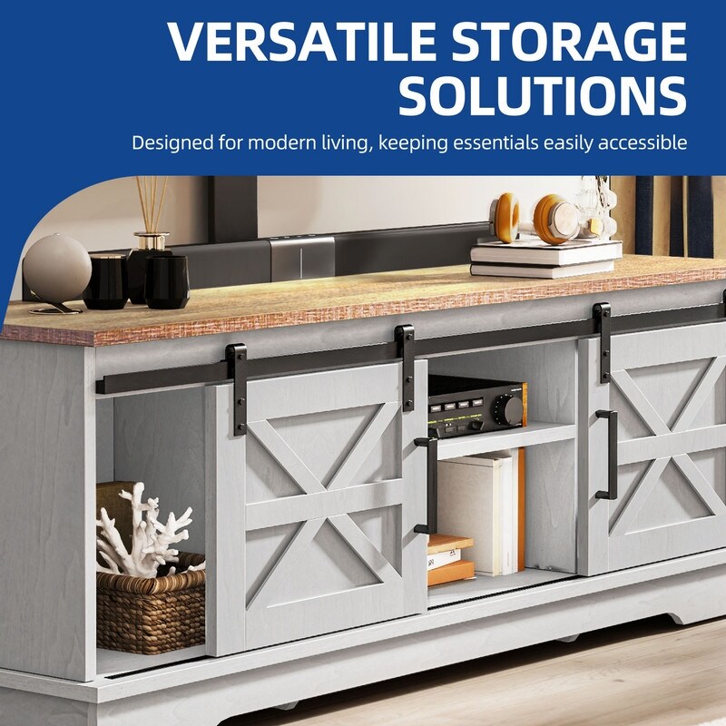 TV-Ständer im Landhausstil für Fernseher bis zu 65 Zoll mit Türen und offenen Regalen, Medienkonsole mit Steckdose