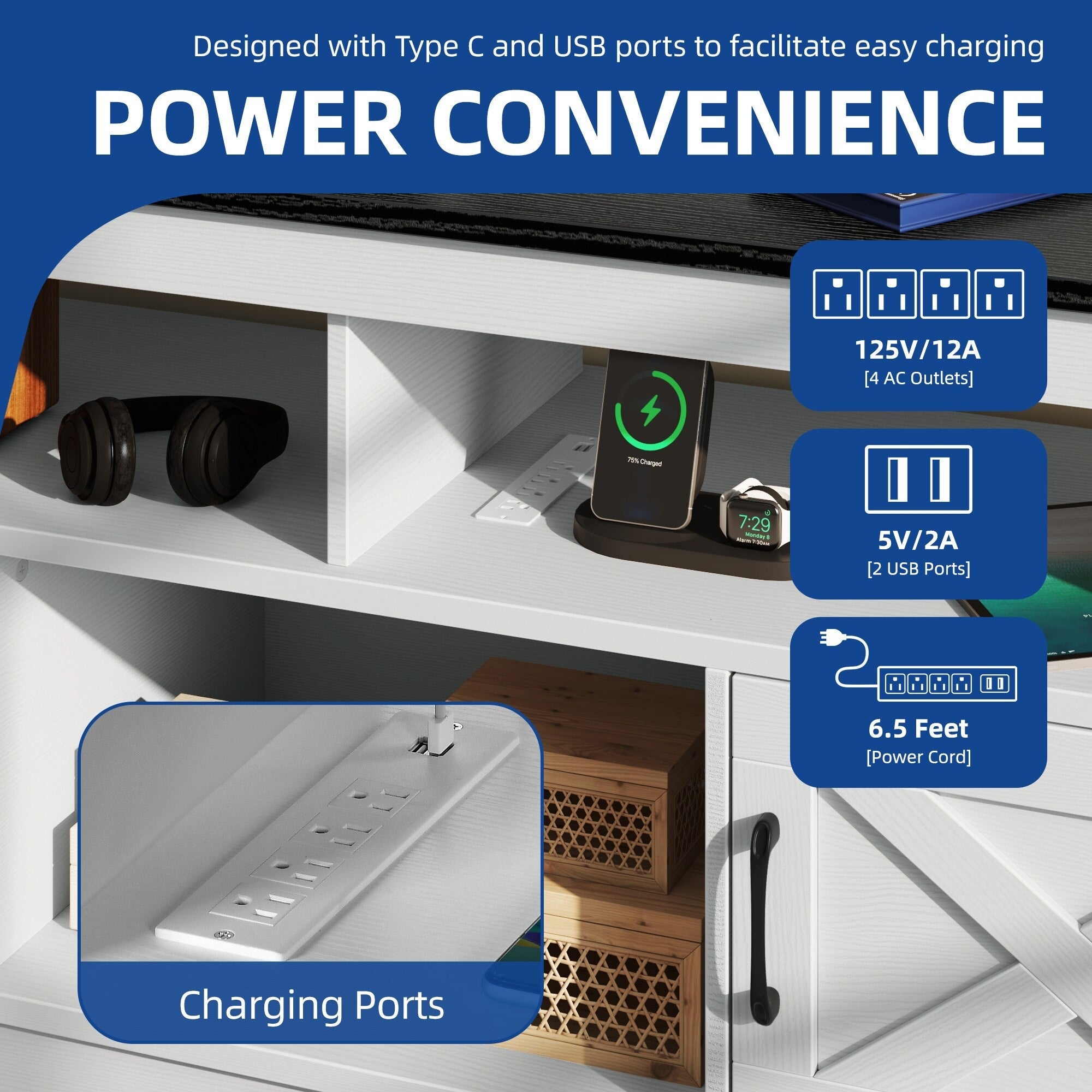 TV-Ständer im Landhausstil für Fernseher bis zu 65 Zoll mit Türen und offenen Regalen, Medienkonsole mit Steckdose