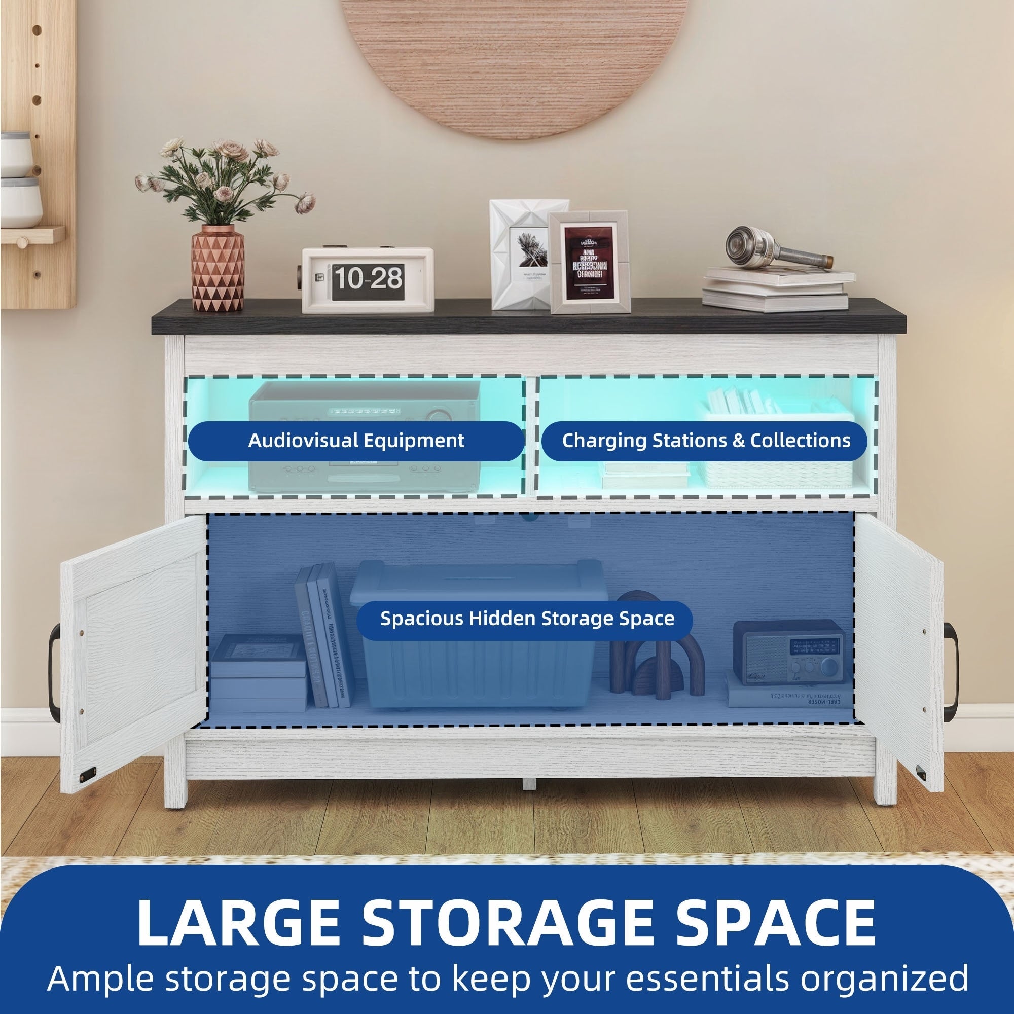 TV-Ständer im Landhausstil für Fernseher bis zu 65 Zoll mit Türen und offenen Regalen, Medienkonsole mit Steckdose