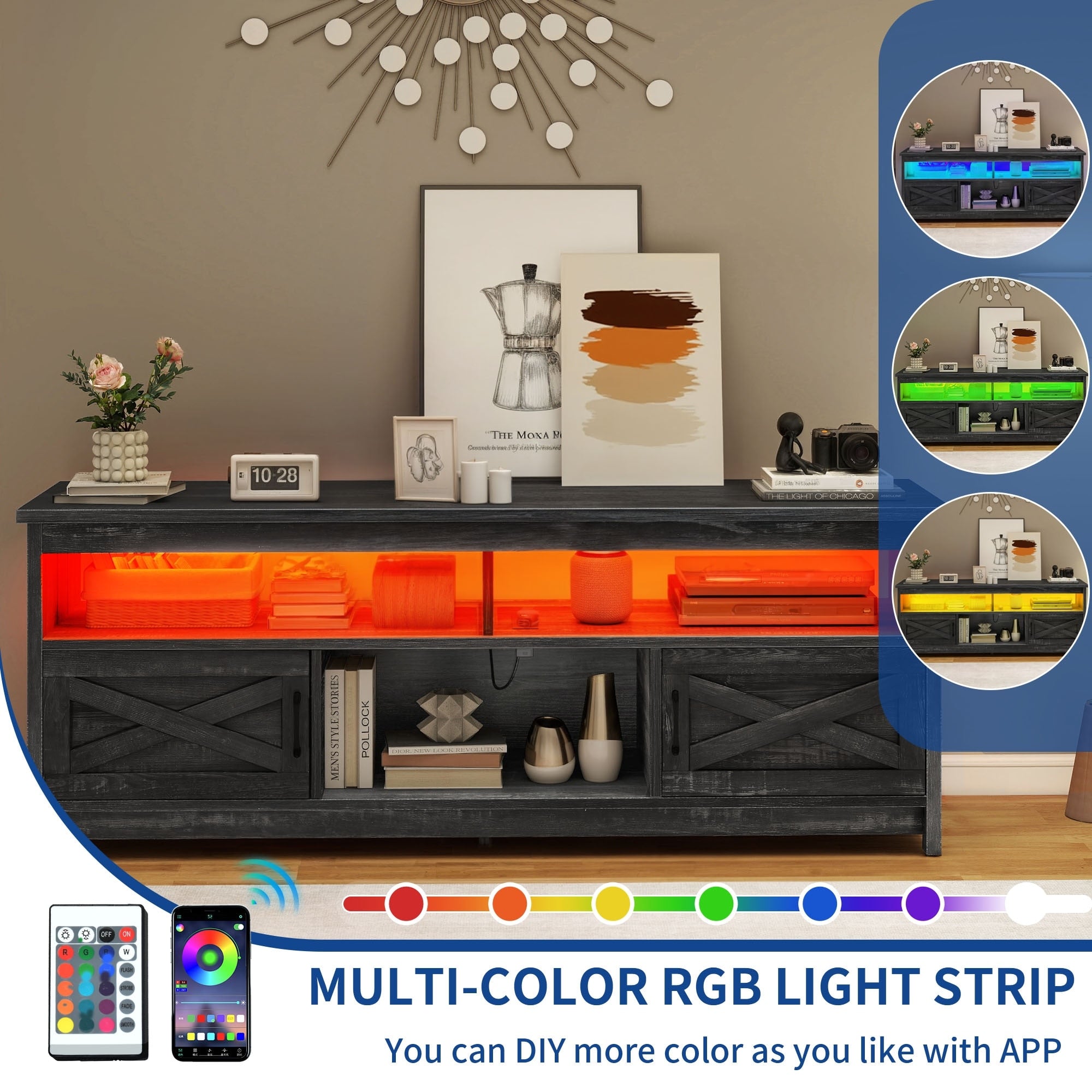 TV-Ständer im Landhausstil für Fernseher bis zu 65 Zoll mit Türen und offenen Regalen, Medienkonsole mit Steckdose