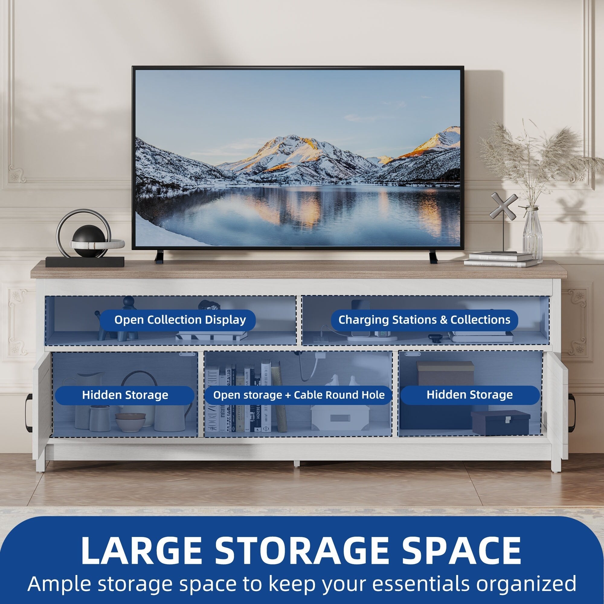 TV-Ständer im Landhausstil für Fernseher bis zu 65 Zoll mit Türen und offenen Regalen, Medienkonsole mit Steckdose