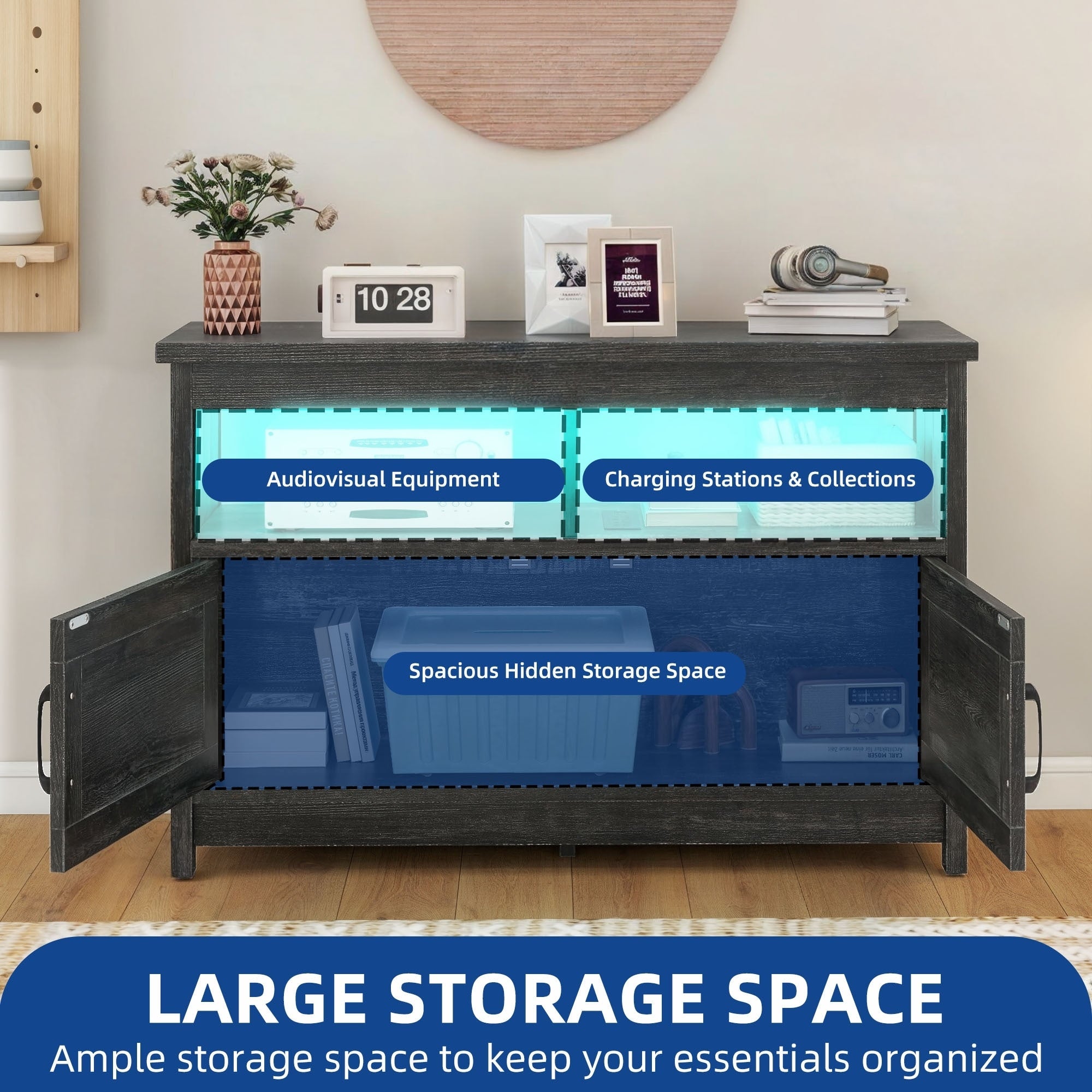 TV-Ständer im Landhausstil für Fernseher bis zu 65 Zoll mit Türen und offenen Regalen, Medienkonsole mit Steckdose