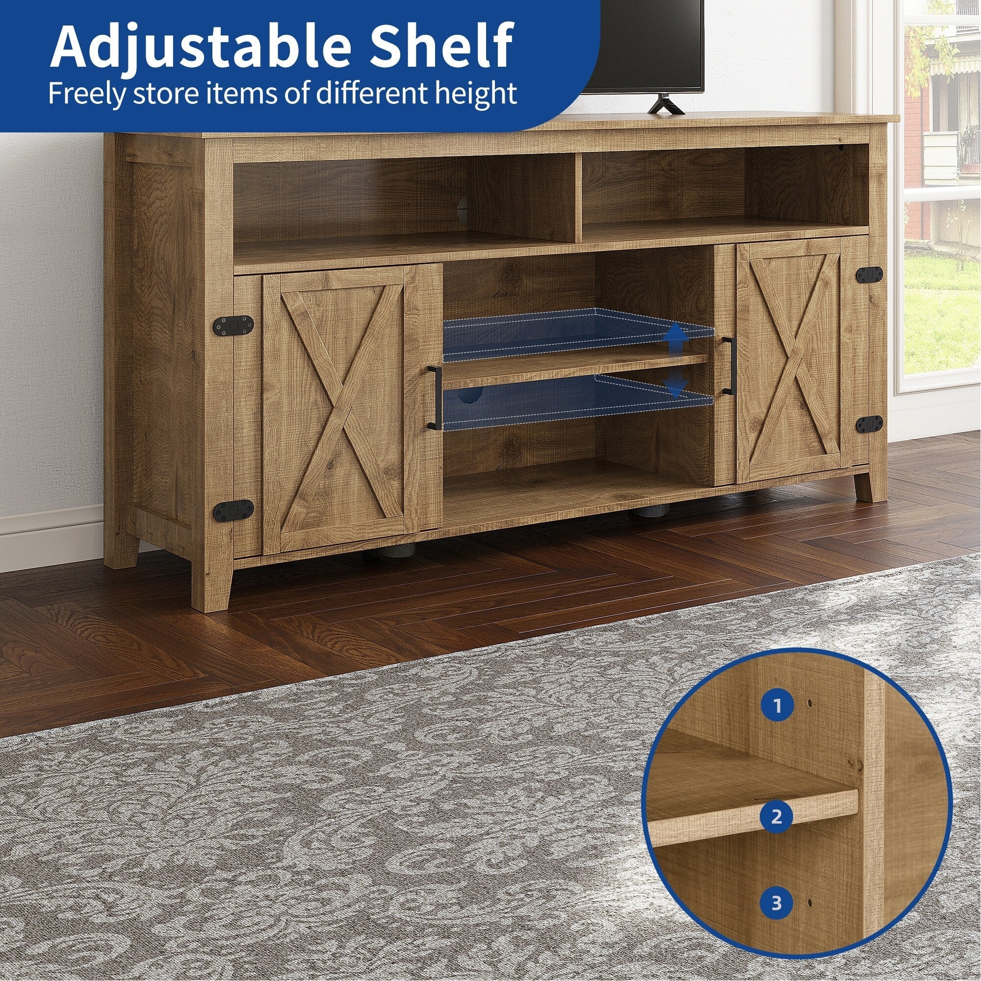 TV-Ständer im Landhausstil für Fernseher bis zu 65 Zoll mit Türen und offenen Regalen, Medienkonsole mit Steckdose