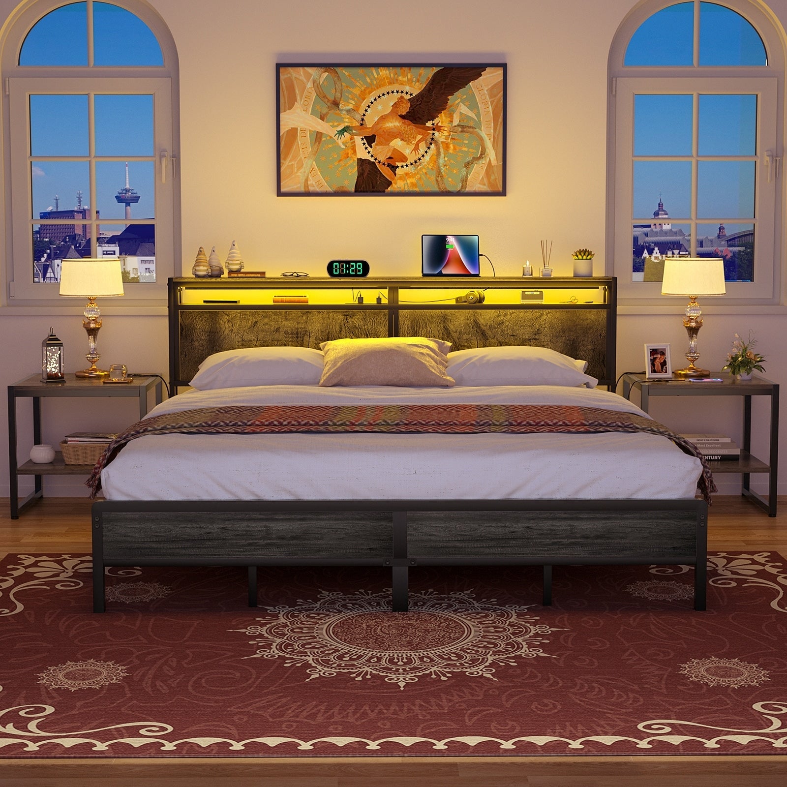 Landhaus-Holzplattformbettgestell mit Ladestation und LED-Beleuchtung