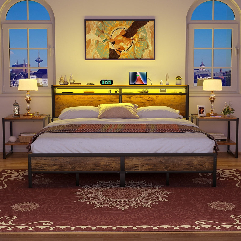 Landhaus-Holzplattformbettgestell mit Ladestation und LED-Beleuchtung