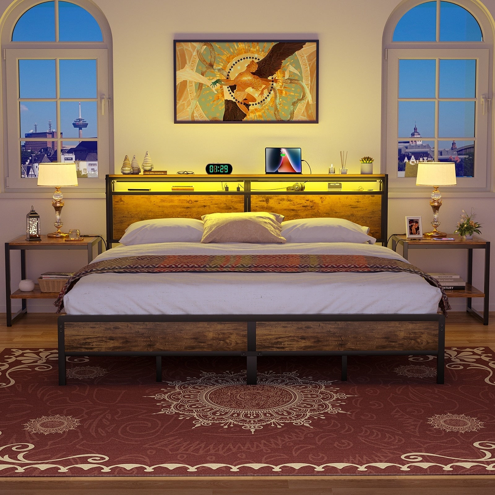 Landhaus-Holzplattformbettgestell mit Ladestation und LED-Beleuchtung