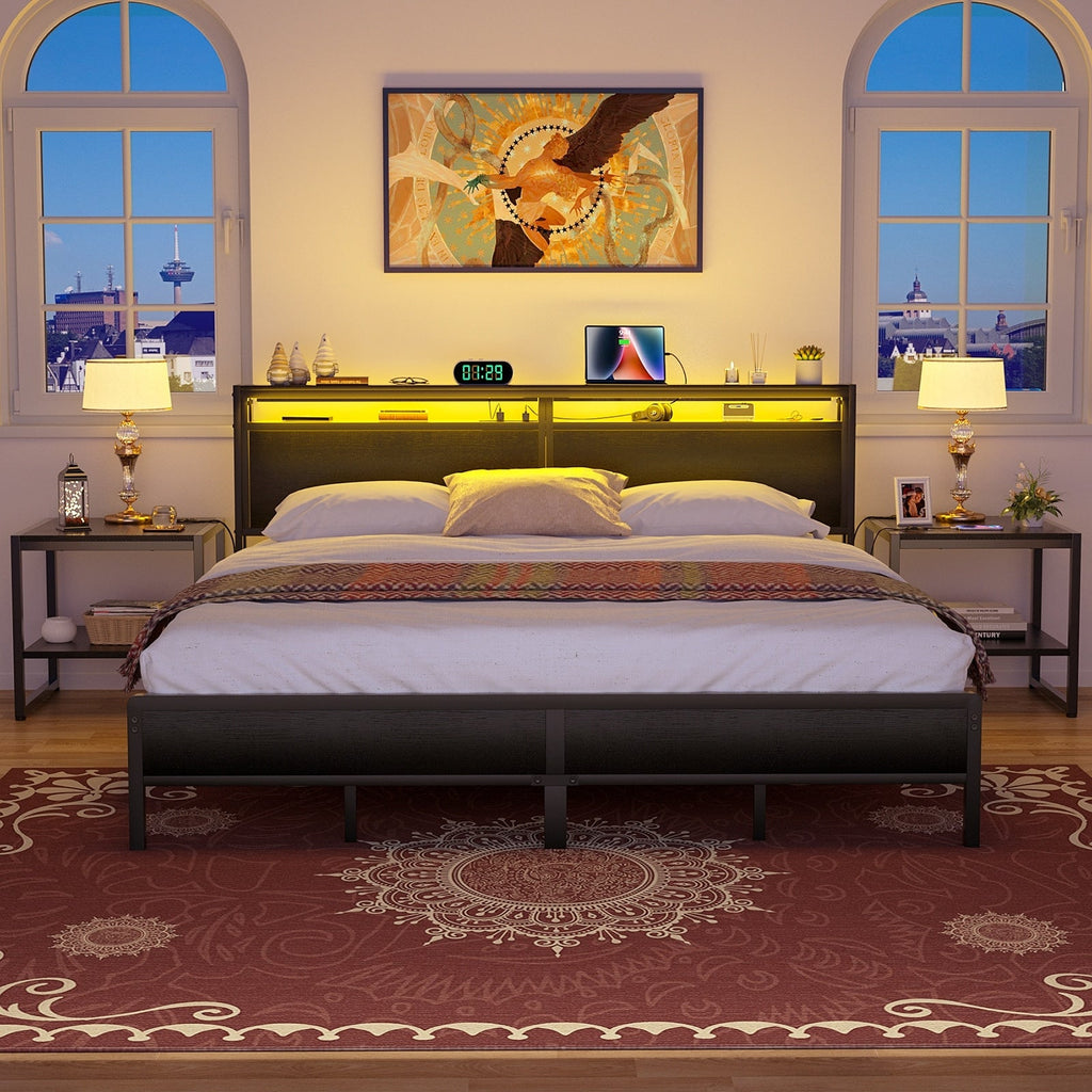 Landhaus-Holzplattformbettgestell mit Ladestation und LED-Beleuchtung