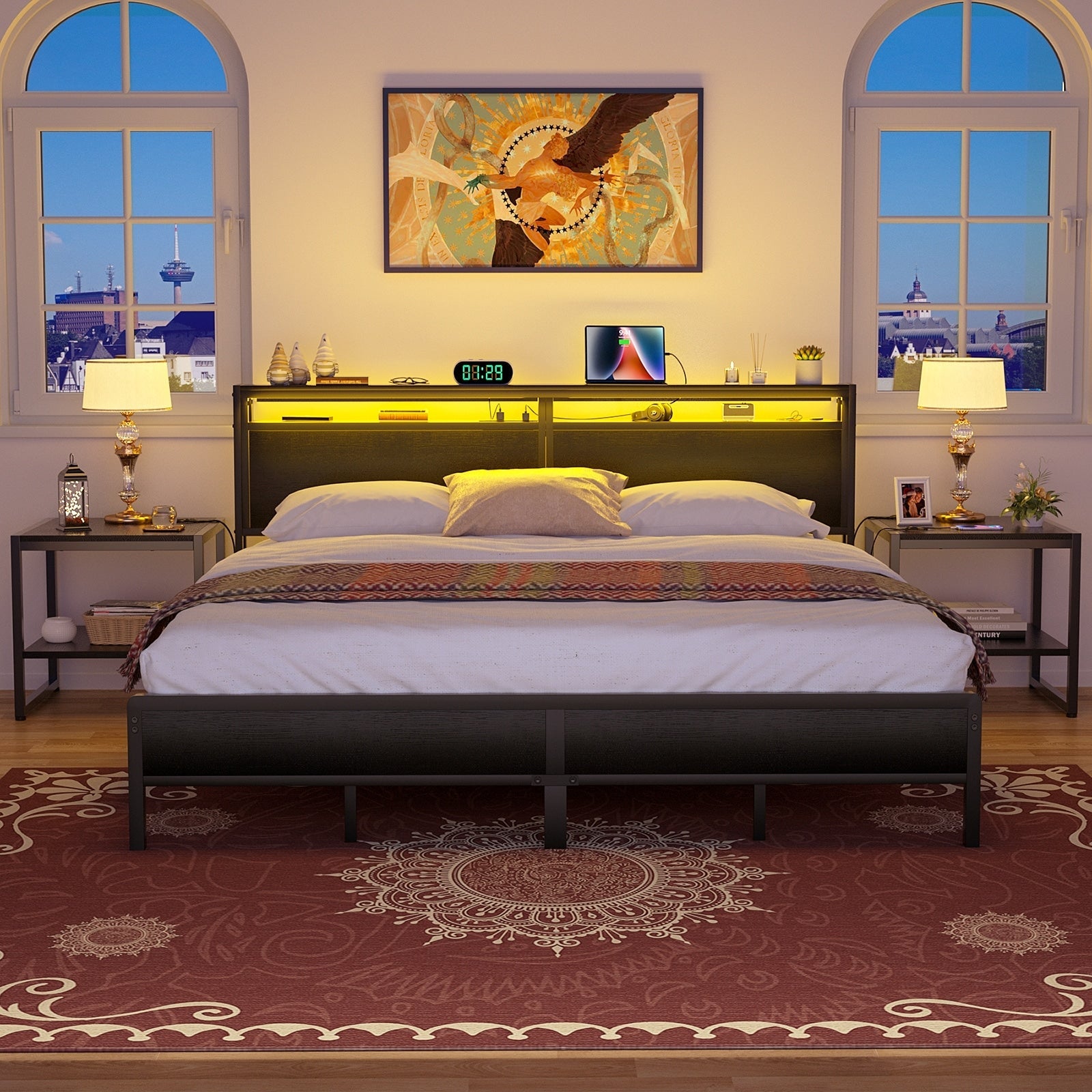 Landhaus-Holzplattformbettgestell mit Ladestation und LED-Beleuchtung