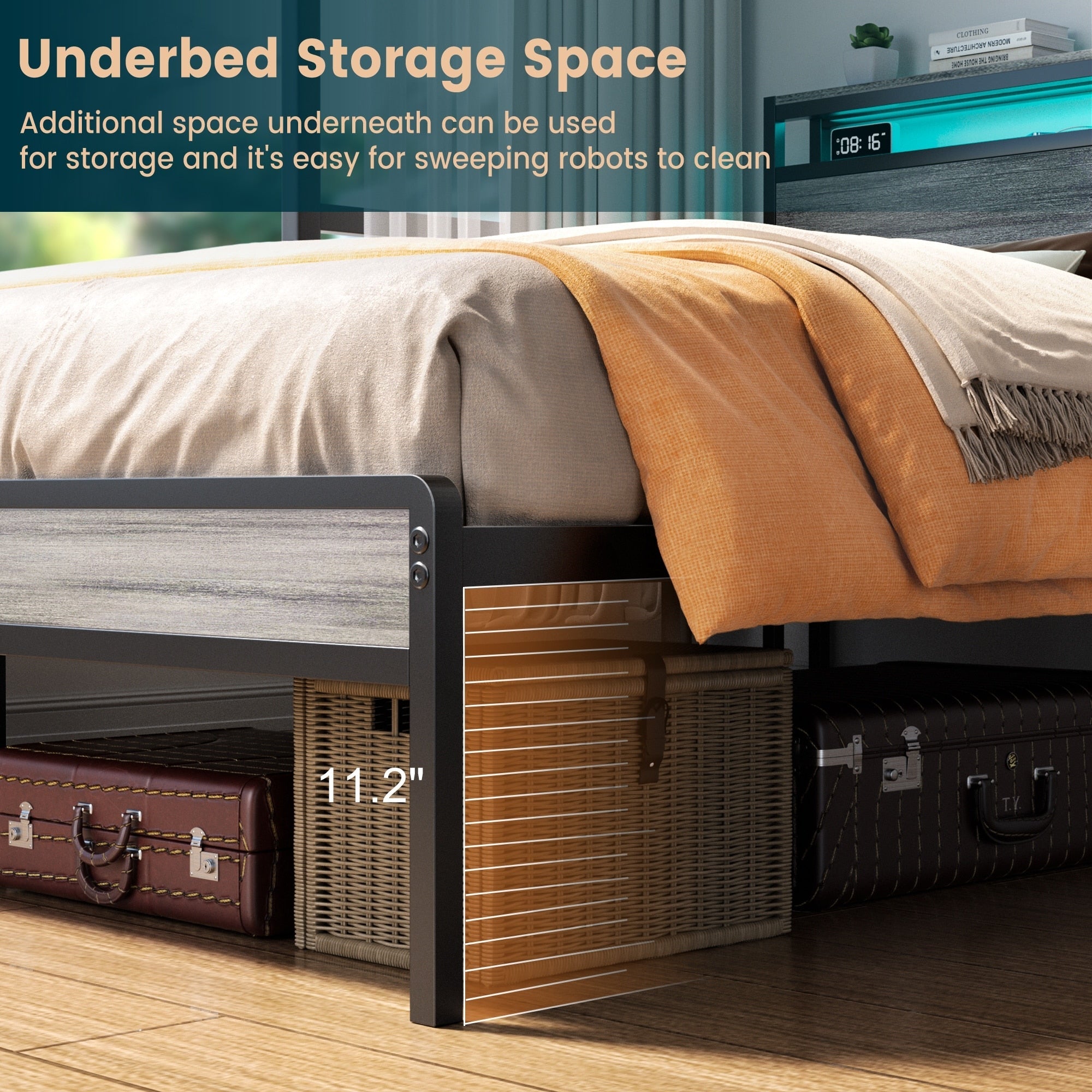 Landhaus-Holzplattformbettgestell mit Ladestation und LED-Beleuchtung