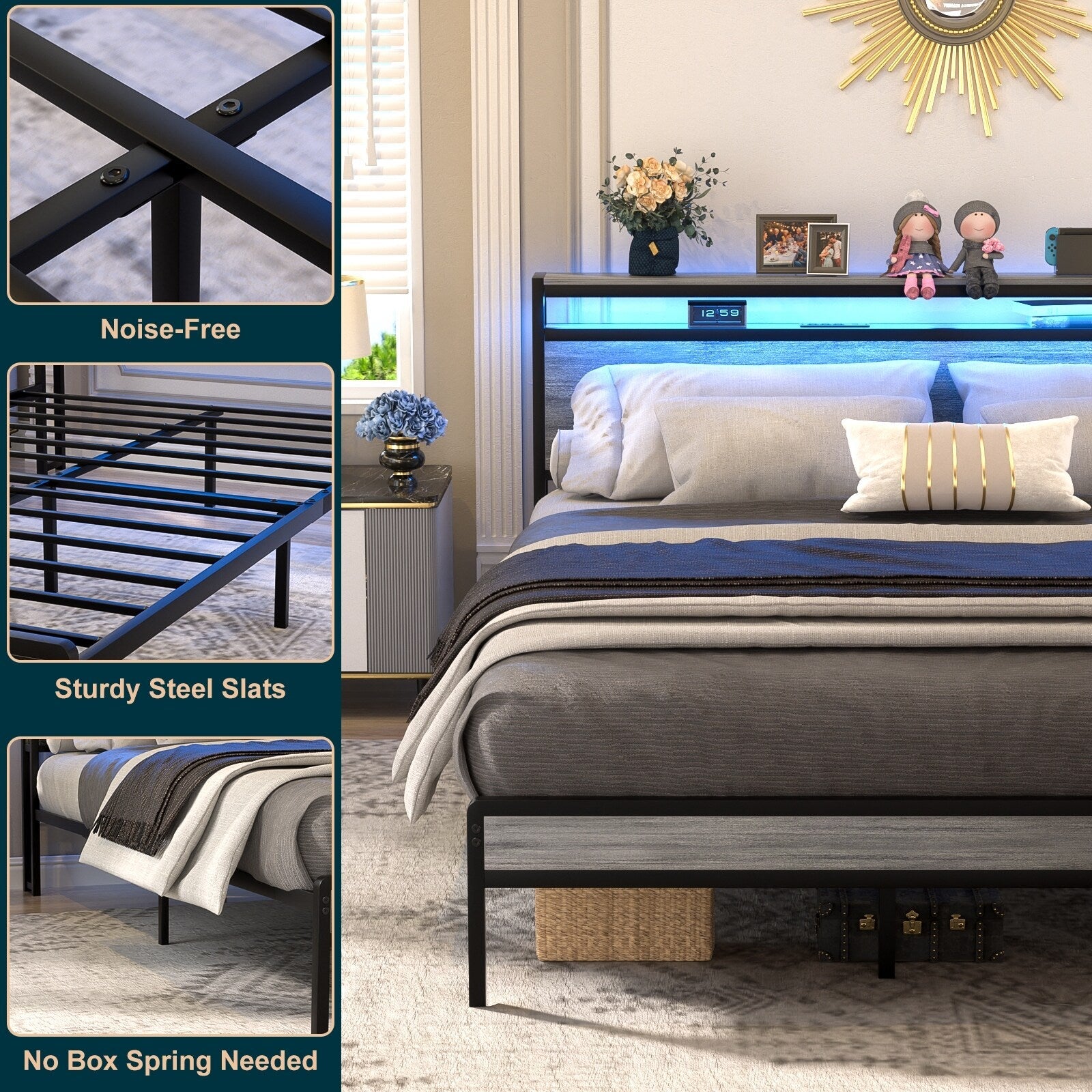 Landhaus-Holzplattformbettgestell mit Ladestation und LED-Beleuchtung