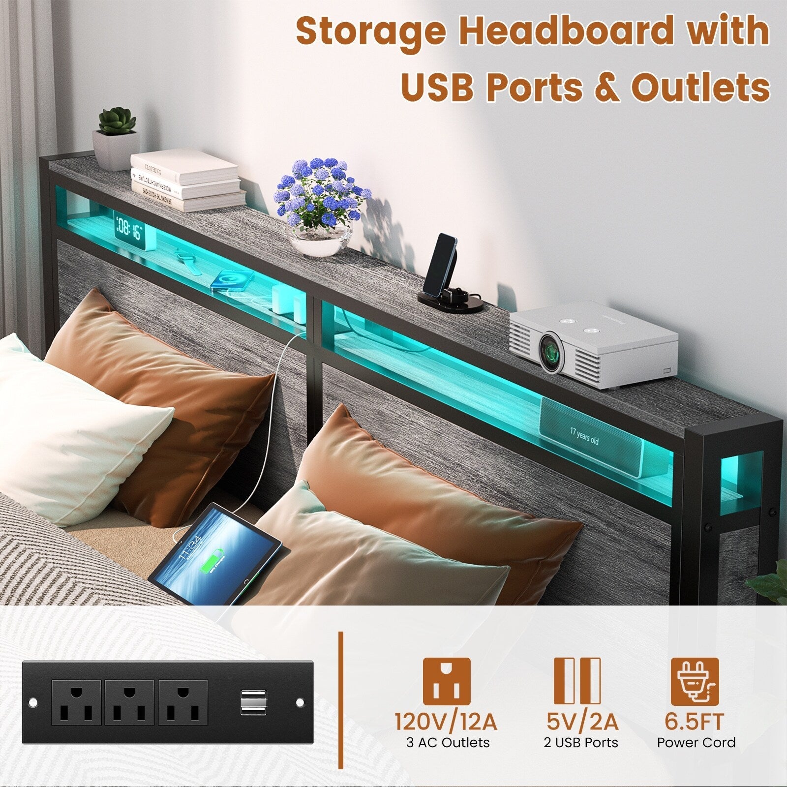 Landhaus-Holzplattformbettgestell mit Ladestation und LED-Beleuchtung