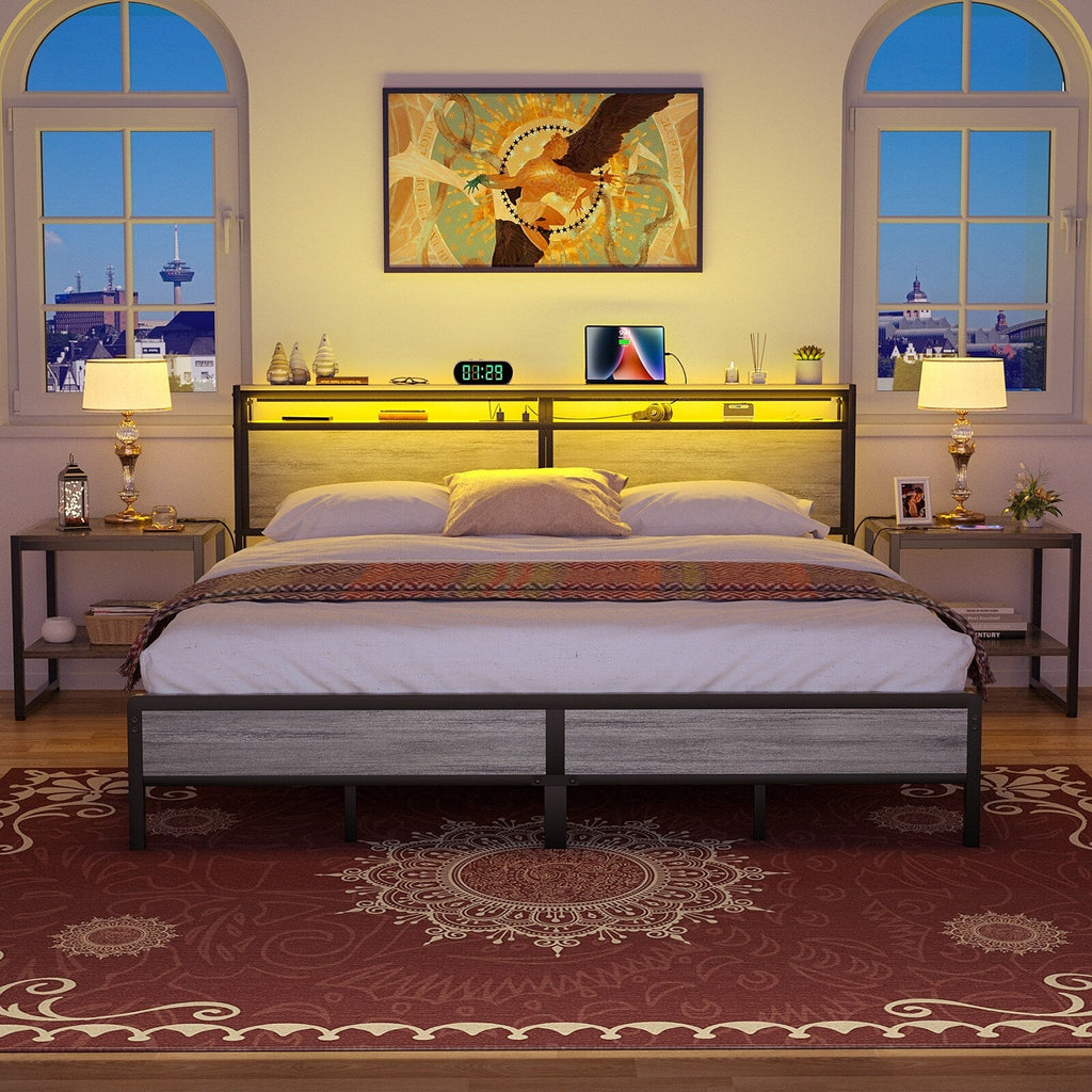 Landhaus-Holzplattformbettgestell mit Ladestation und LED-Beleuchtung