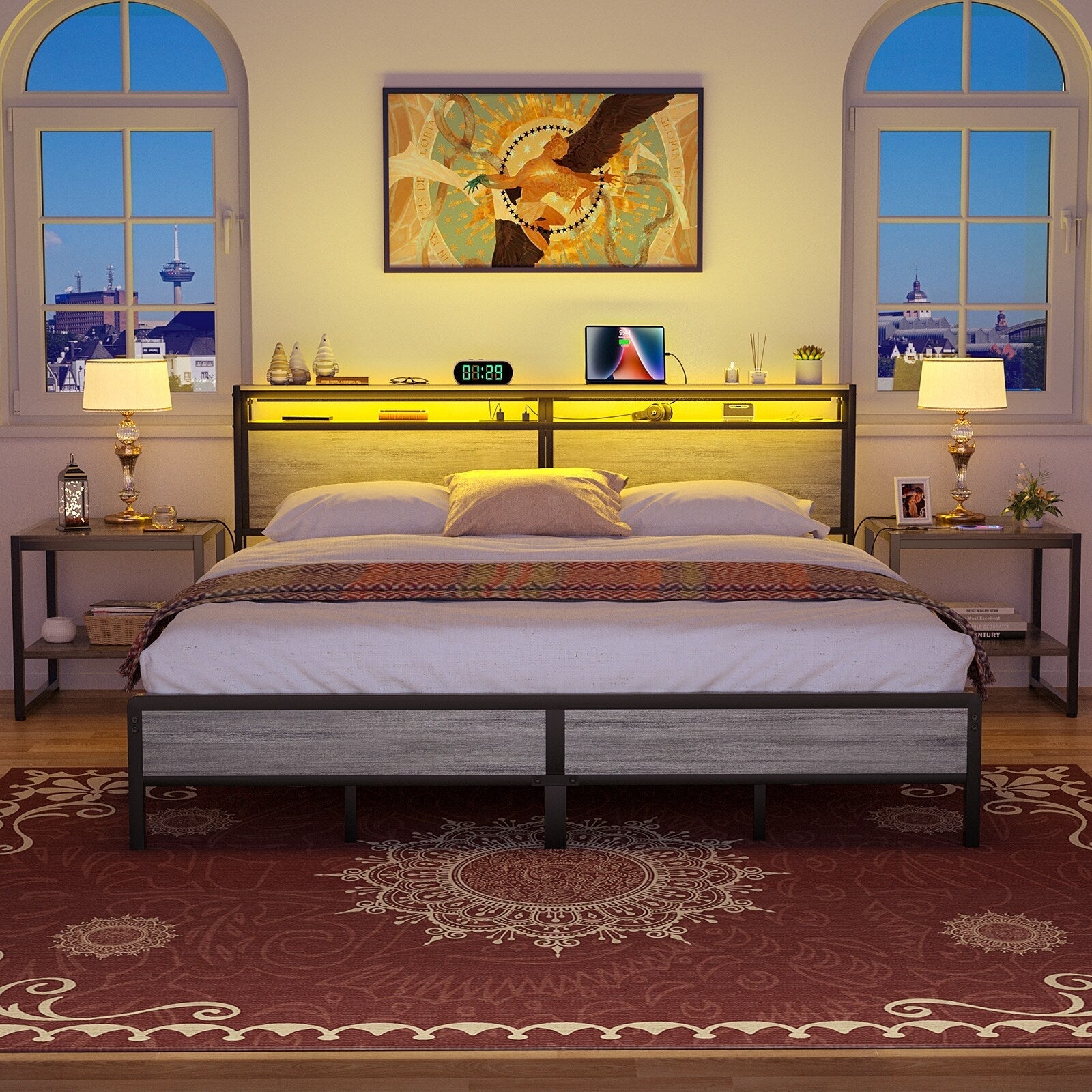 Landhaus-Holzplattformbettgestell mit Ladestation und LED-Beleuchtung