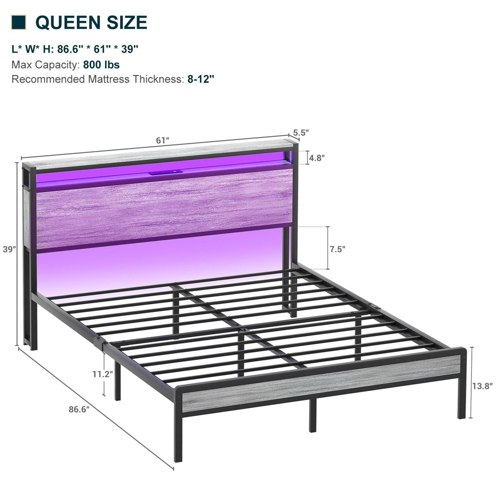 Landhaus-Holzplattformbettgestell mit Ladestation und LED-Beleuchtung