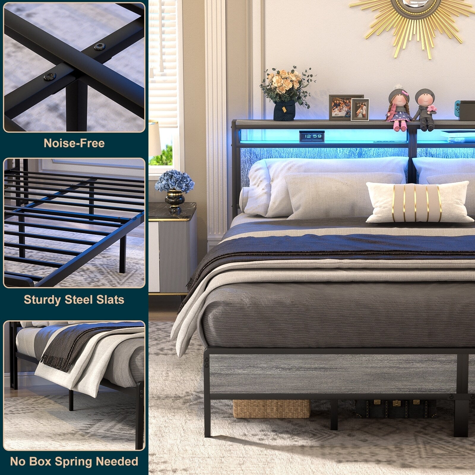 Landhaus-Holzplattformbettgestell mit Ladestation und LED-Beleuchtung