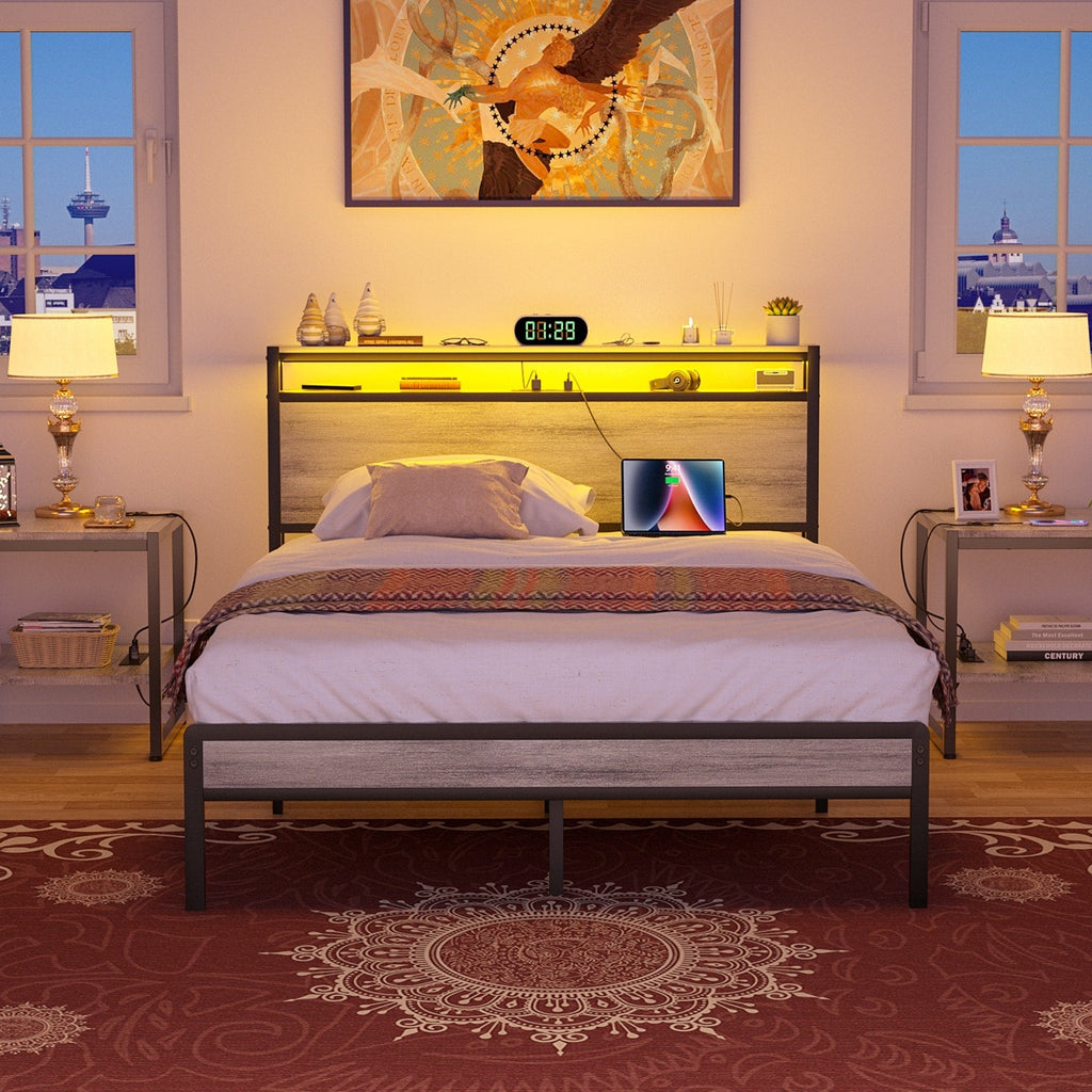 Landhaus-Holzplattformbettgestell mit Ladestation und LED-Beleuchtung