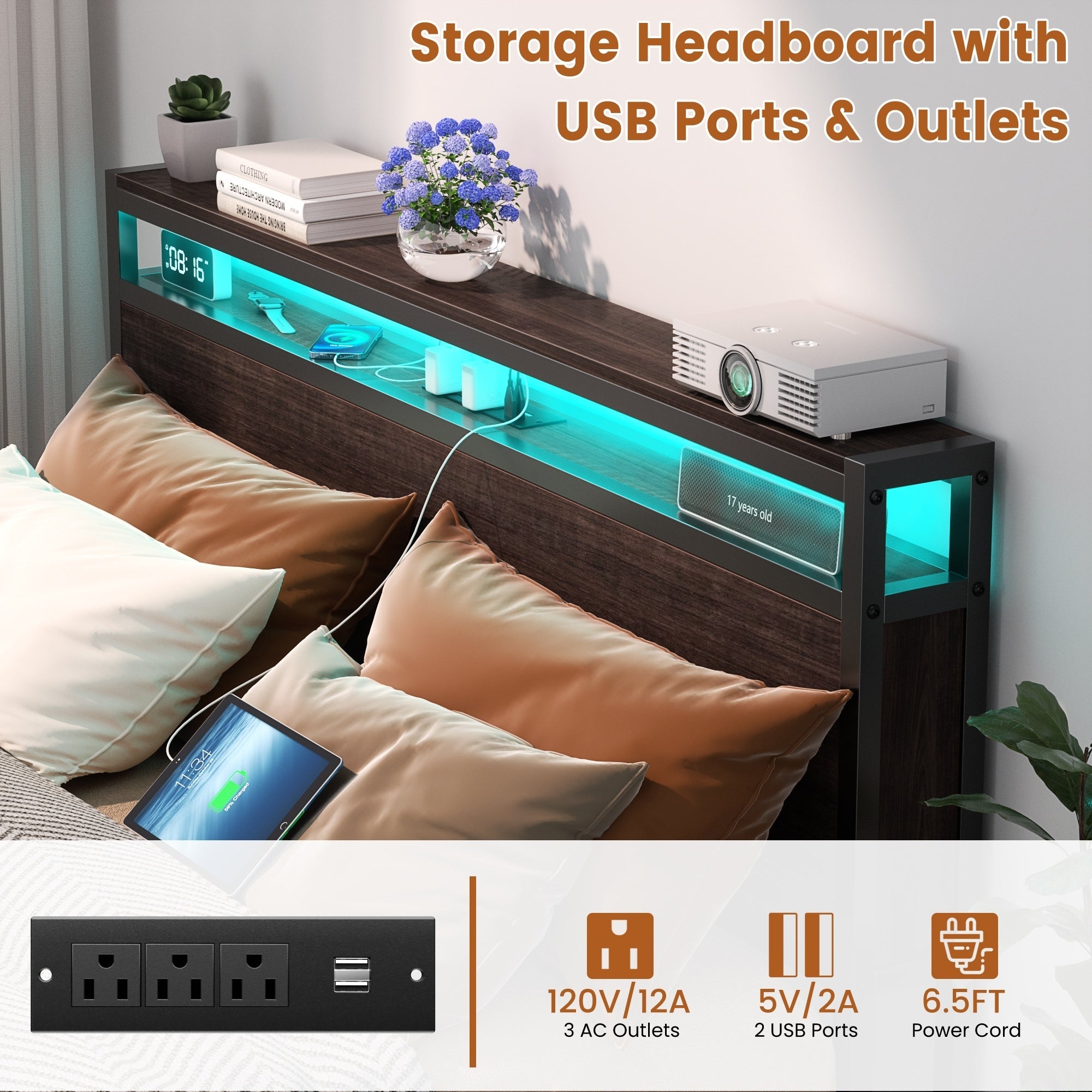 Landhaus-Holzplattformbettgestell mit Ladestation und LED-Beleuchtung