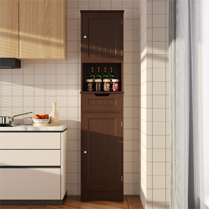 67 Zoll hoher, schmaler Badezimmer-Wäscheschrank, 5-stöckiger, freistehender Aufbewahrungsschrank aus Massivholz