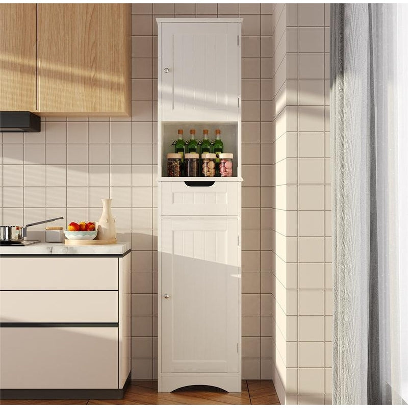 67 Zoll hoher, schmaler Badezimmer-Wäscheschrank, 5-stöckiger, freistehender Aufbewahrungsschrank aus Massivholz