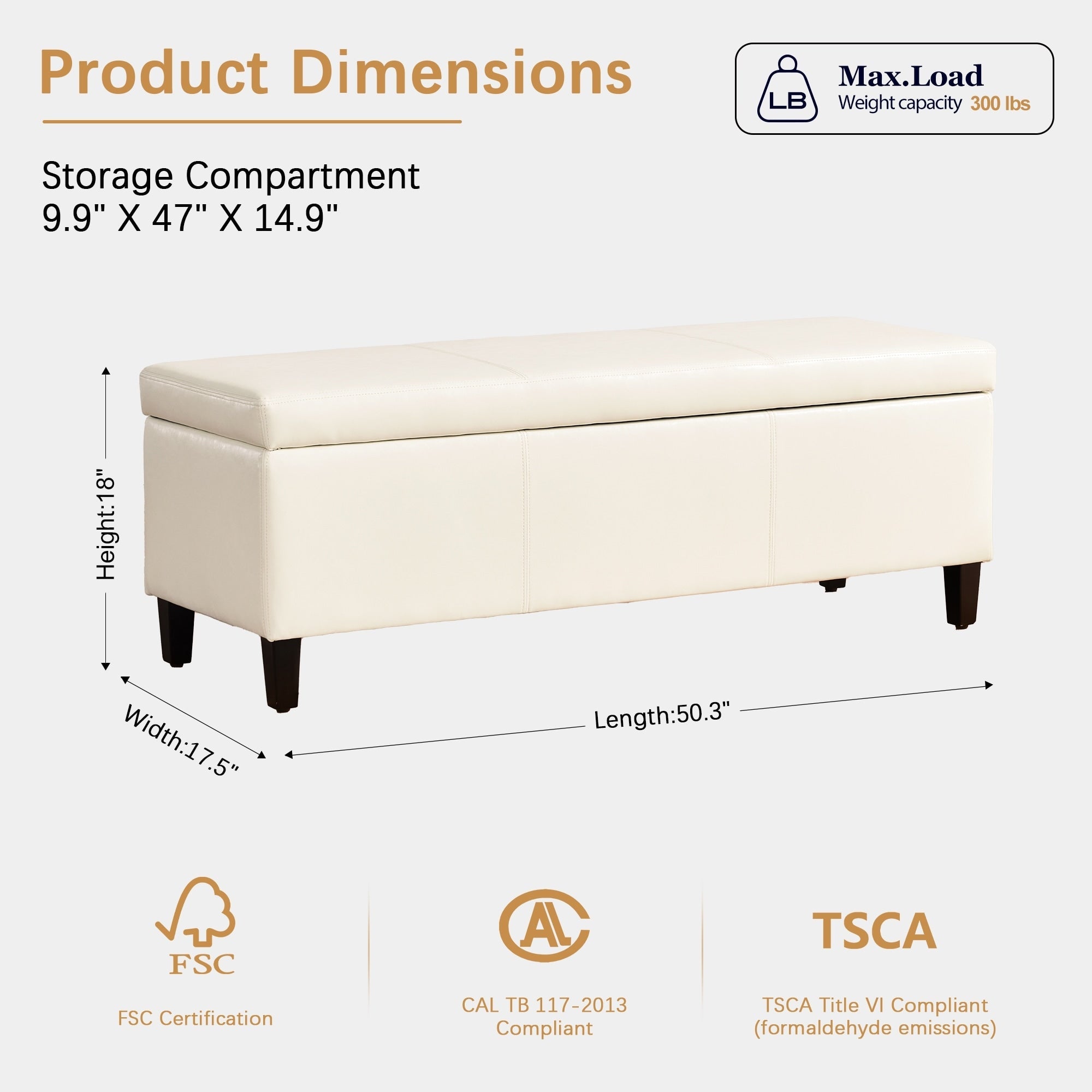 Gepolsterter, rechteckiger Aufbewahrungshocker (50,3 x 17,5 x 18 cm) – Kunstleder