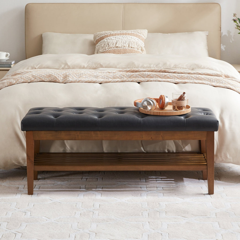 Schuhbank mit Stauraum, Stoffbezug, Massivholz, 43 Zoll (ca. 109 cm) lange, gepolsterte Bank für Wohnzimmer und Schlafzimmer