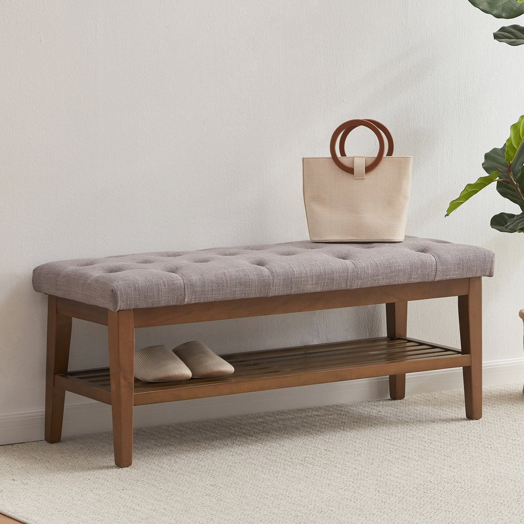 Schuhbank mit Stauraum, Stoffbezug, Massivholz, 43 Zoll (ca. 109 cm) lange, gepolsterte Bank für Wohnzimmer und Schlafzimmer