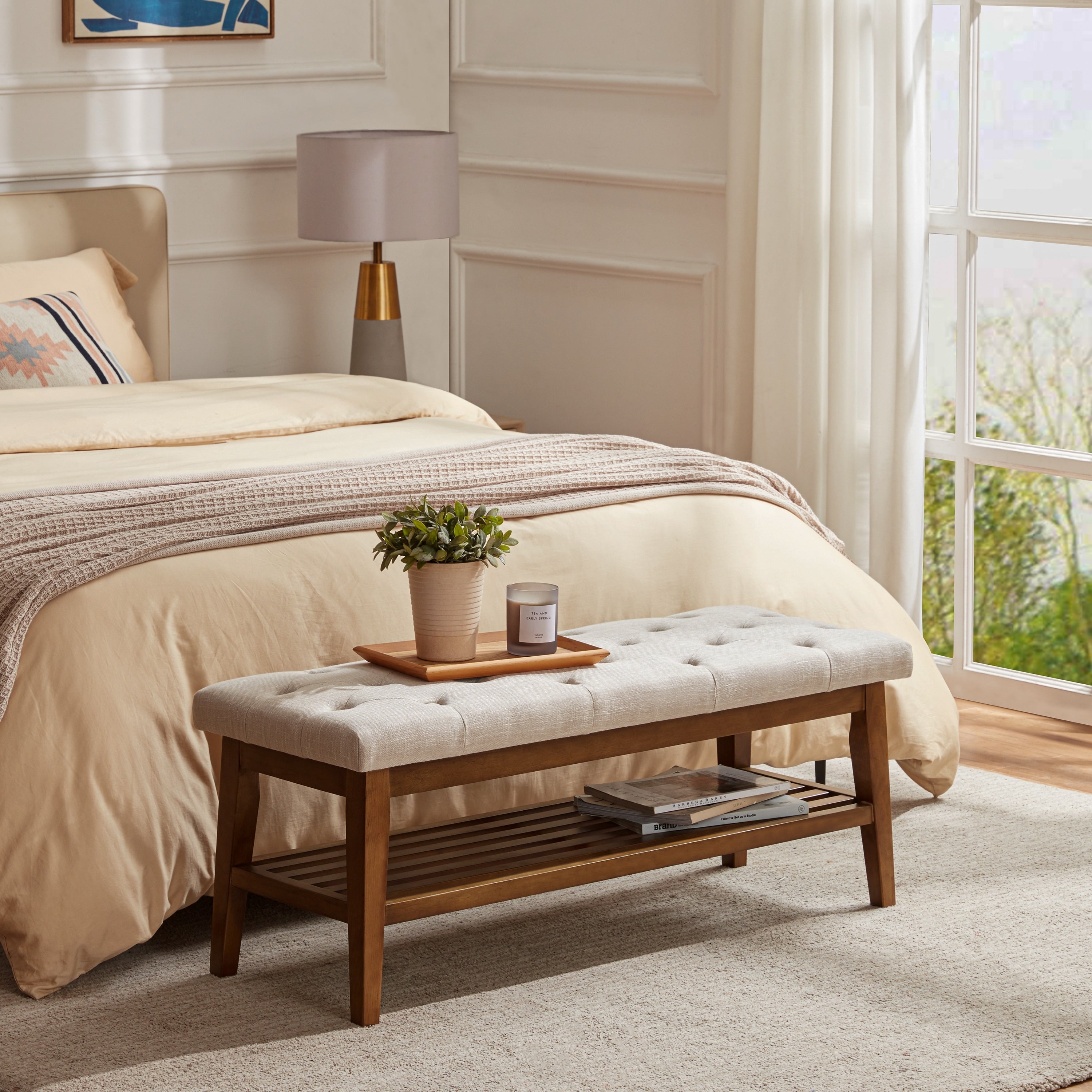 Schuhbank mit Stauraum, Stoffbezug, Massivholz, 43 Zoll (ca. 109 cm) lange, gepolsterte Bank für Wohnzimmer und Schlafzimmer