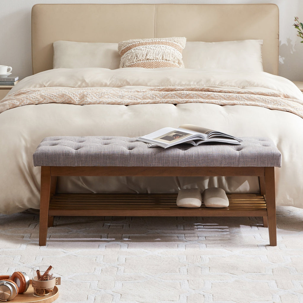 Schuhbank mit Stauraum, Stoffbezug, Massivholz, 43 Zoll (ca. 109 cm) lange, gepolsterte Bank für Wohnzimmer und Schlafzimmer