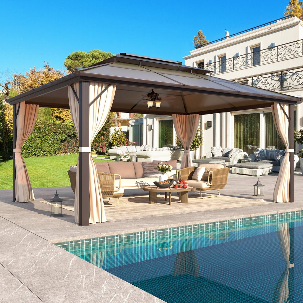 EROMMY Pavillon mit festem Dach, Pergola mit Doppeldach, Netz und Vorhängen, robuste Überdachung für Terrasse, Garten und Poolpartys