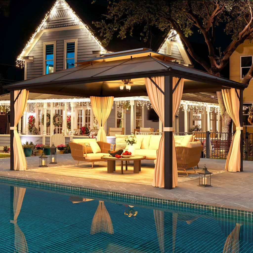 EROMMY Pavillon mit festem Dach, Pergola mit Doppeldach, Netz und Vorhängen, robuste Überdachung für Terrasse, Garten und Poolpartys