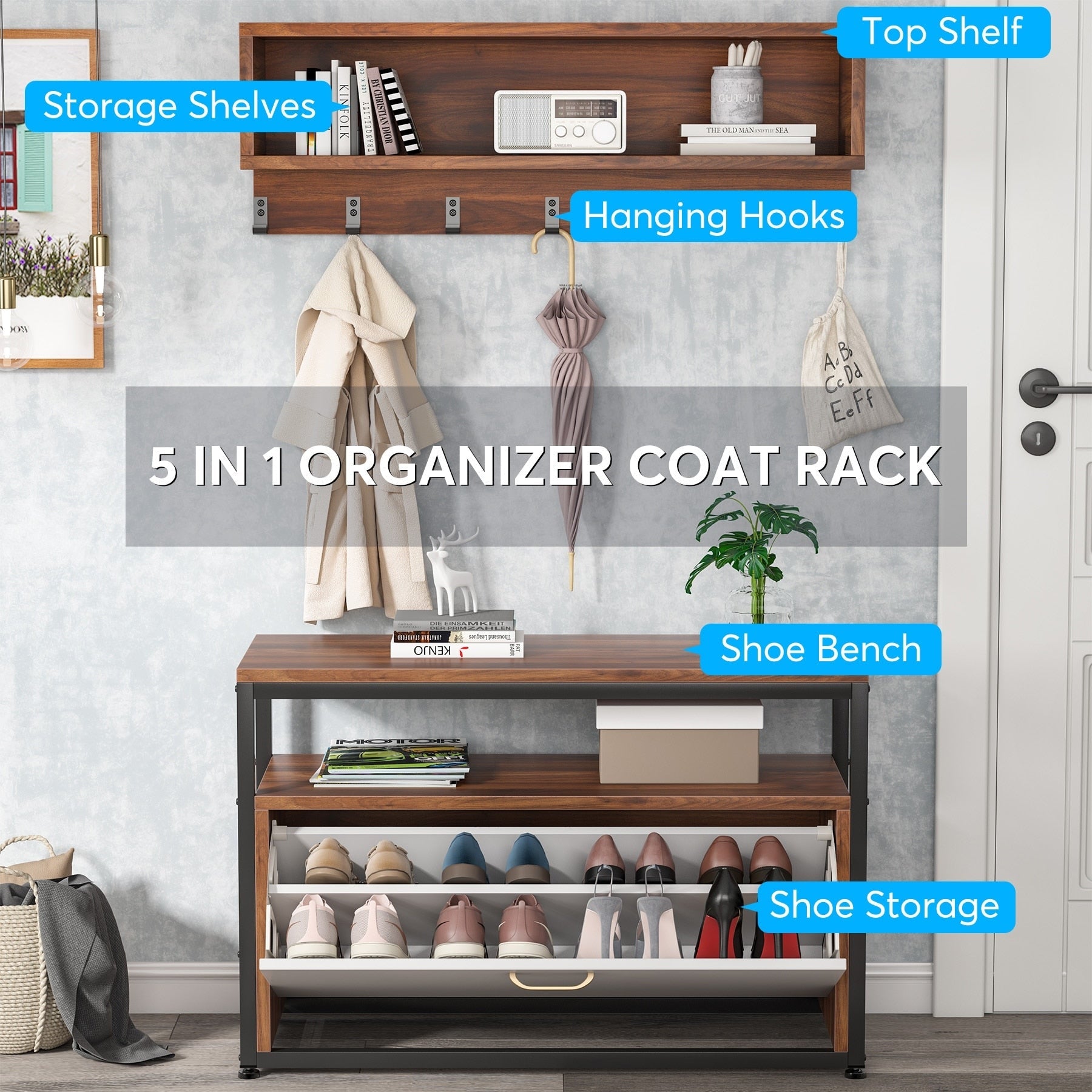 Garderobenständer-Schuhbank-Set für den Eingangsbereich, industrieller Garderobenständer