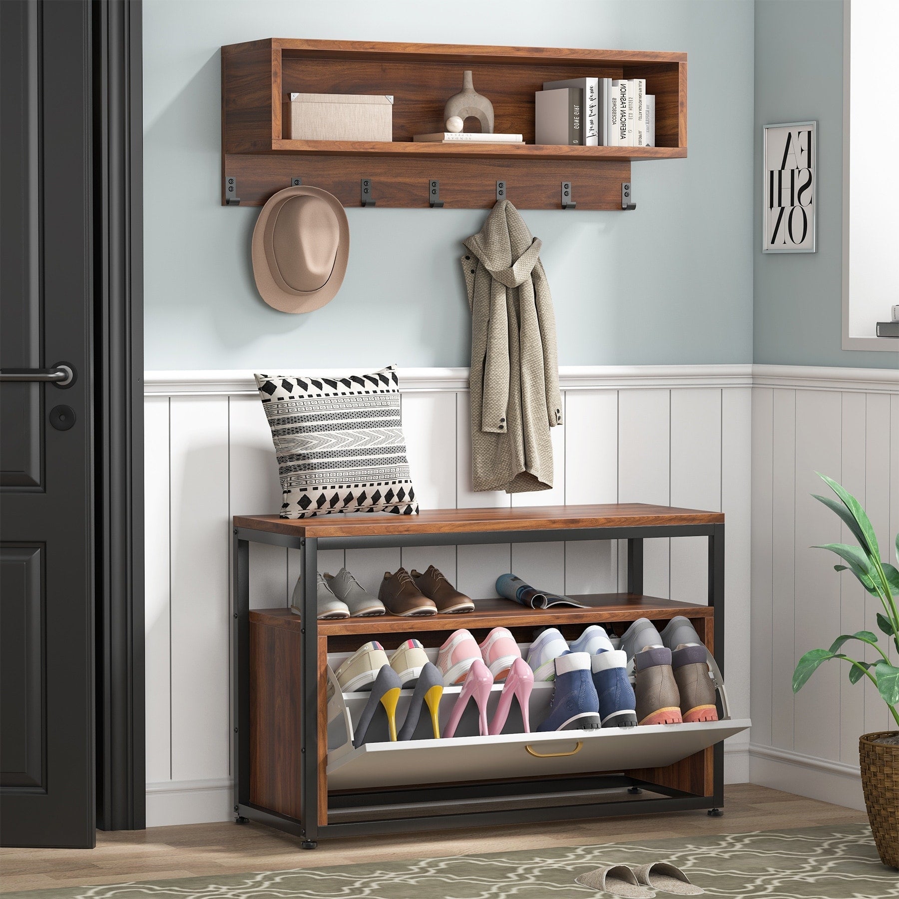 Garderobenständer-Schuhbank-Set für den Eingangsbereich, industrieller Garderobenständer