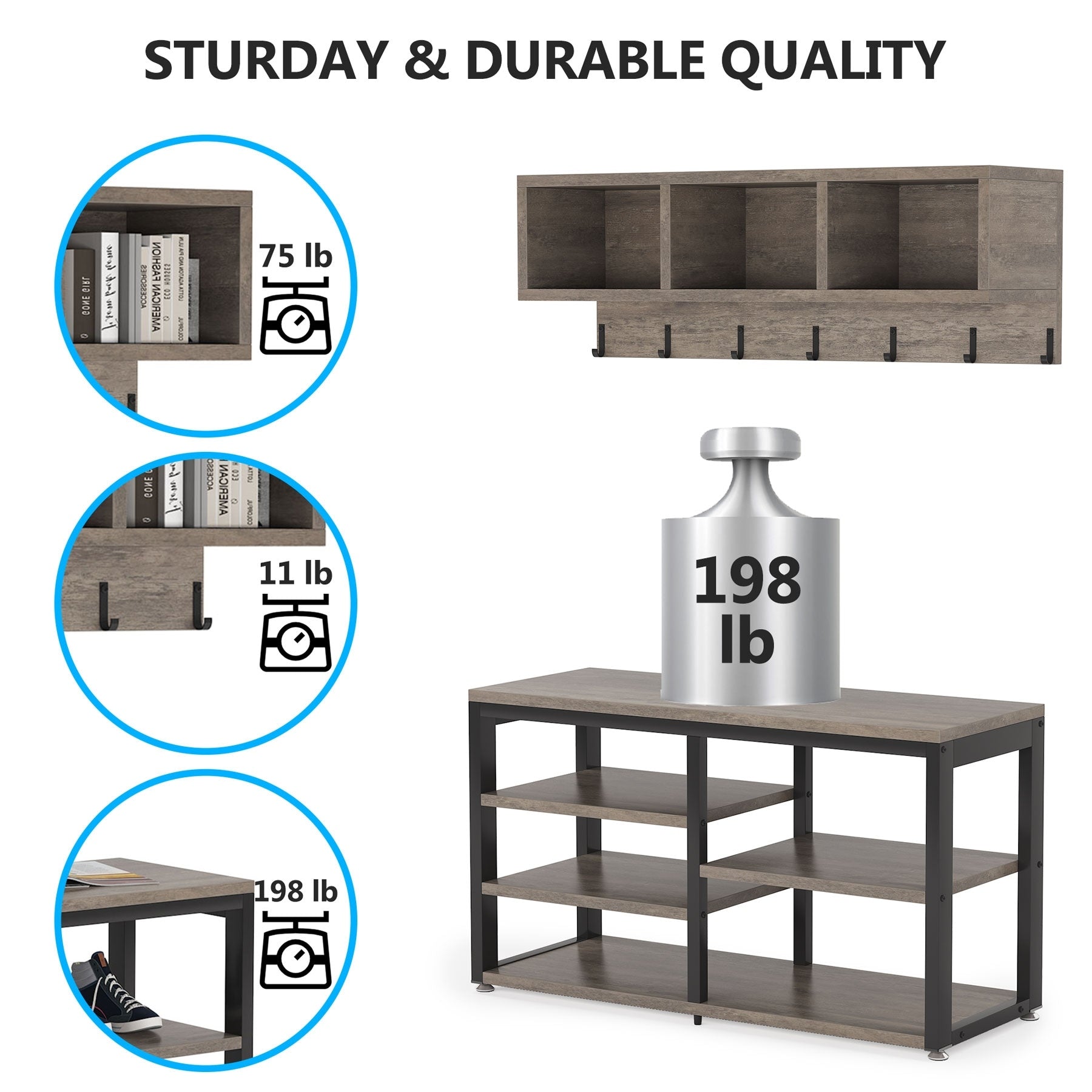 Garderobenständer-Schuhbank-Set für den Eingangsbereich, industrieller Garderobenständer