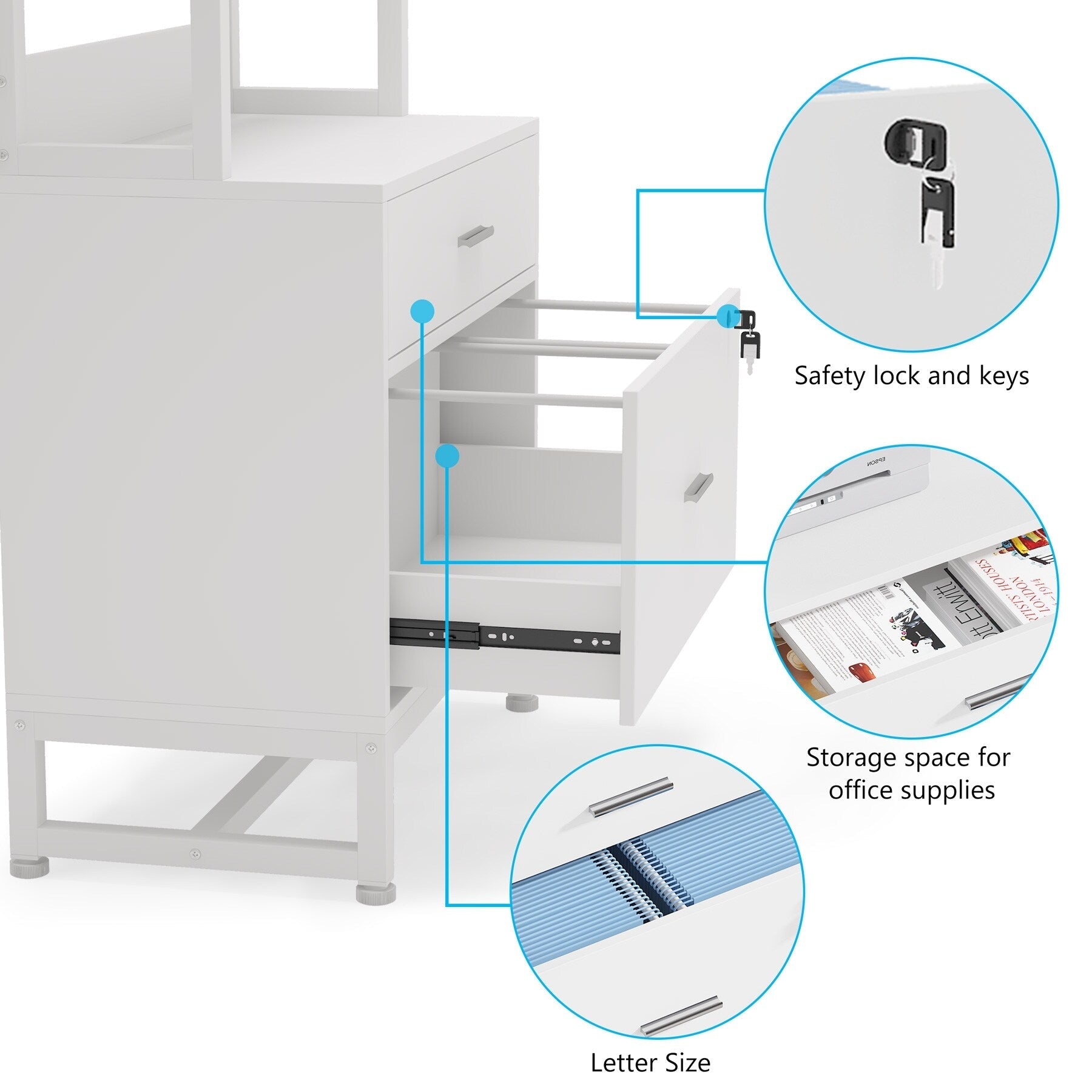 Aktenschrank mit 2 Schubladen, moderner Aktenschrank mit Druckerablage und Schloss