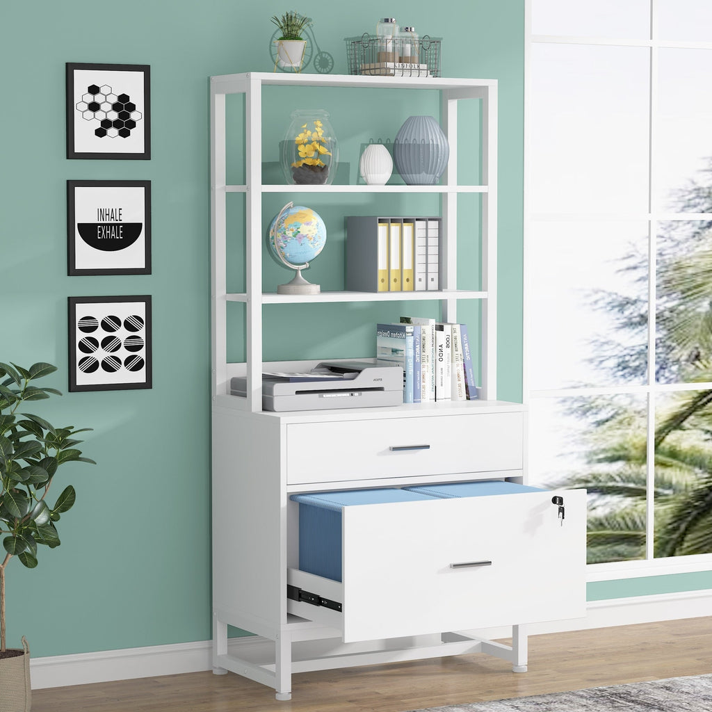 Aktenschrank mit 2 Schubladen, moderner Aktenschrank mit Druckerablage und Schloss