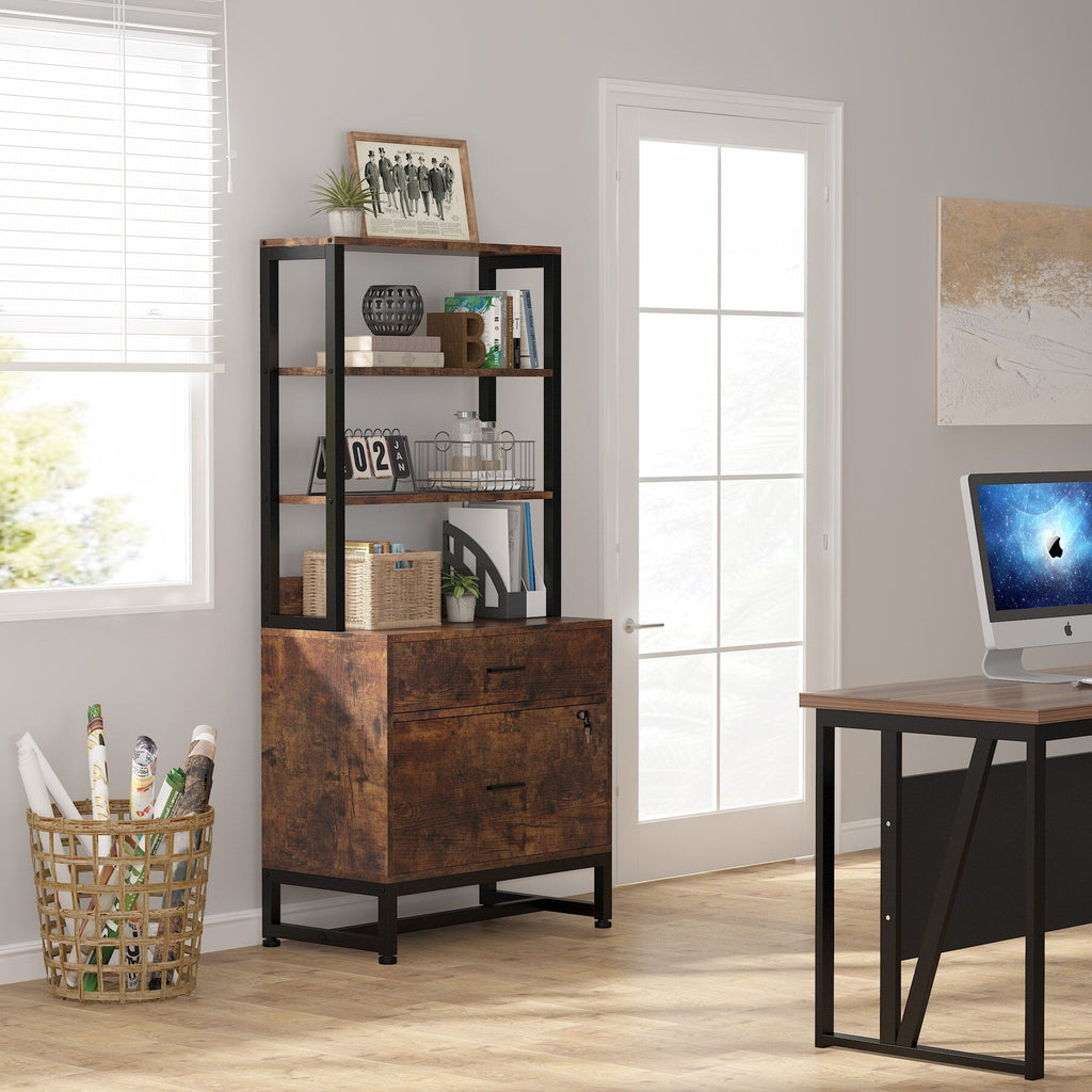 Aktenschrank mit 2 Schubladen, moderner Aktenschrank mit Druckerablage und Schloss