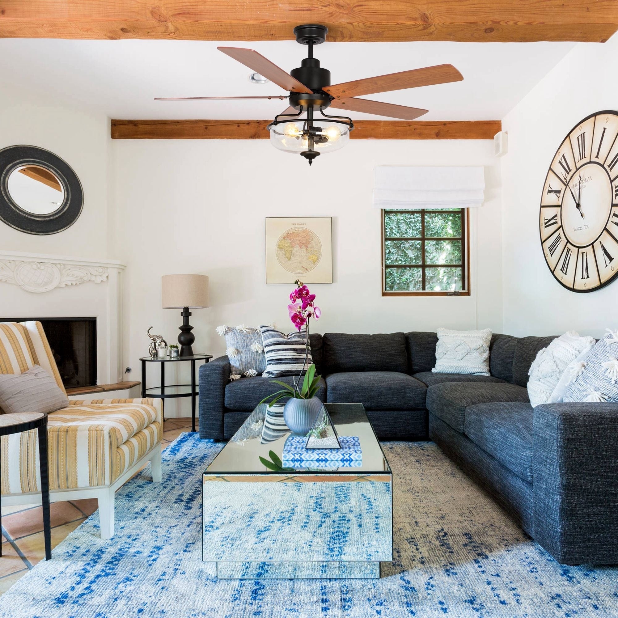 52-Zoll-Deckenventilator aus Holz, wendbar, 5 Flügel, 3 Leuchten, mit Fernbedienung