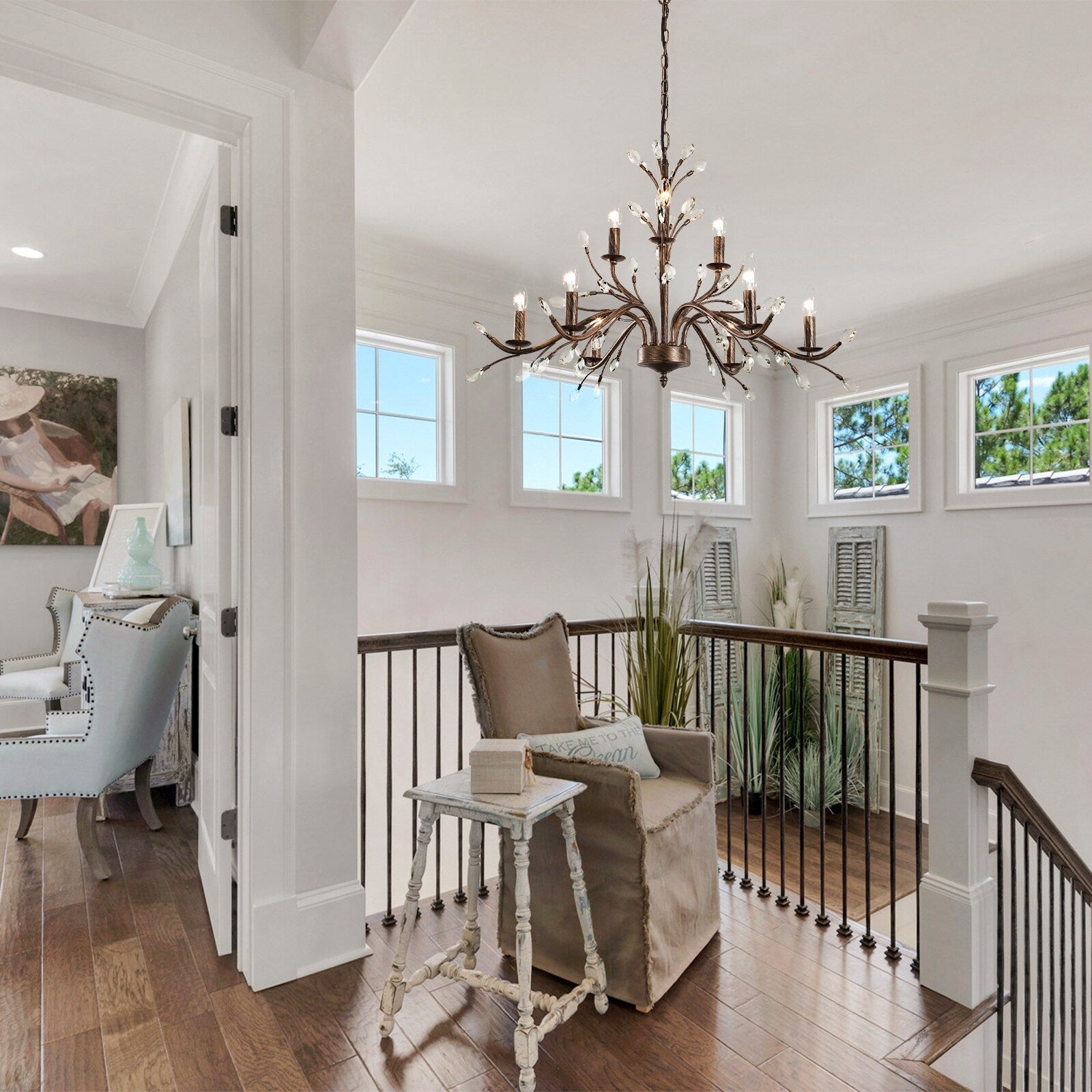 Retro-Bauernhaus-Kronleuchter im Kerzenstil mit Astmotiv und Kristallanhänger