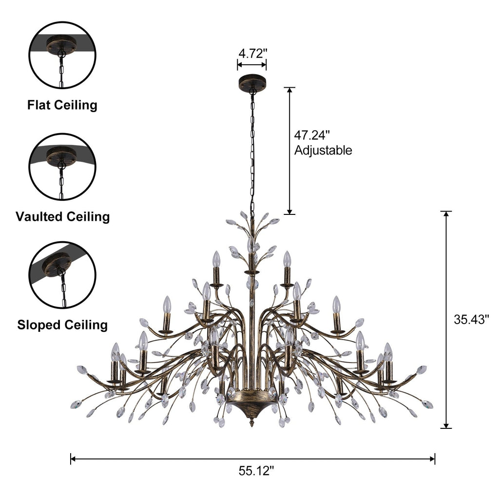 Retro-Bauernhaus-Kronleuchter im Kerzenstil mit Astmotiv und Kristallanhänger