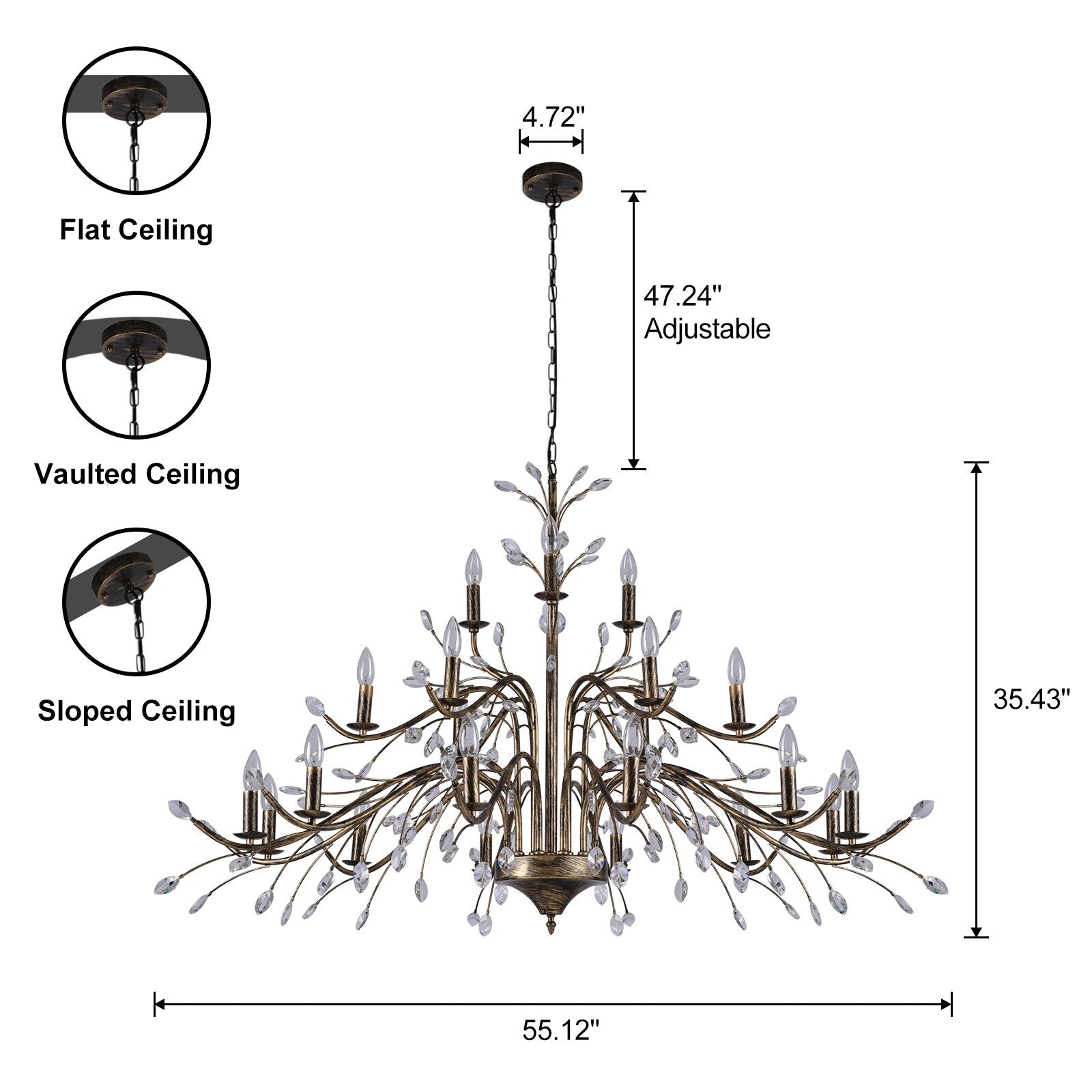 Retro-Bauernhaus-Kronleuchter im Kerzenstil mit Astmotiv und Kristallanhänger