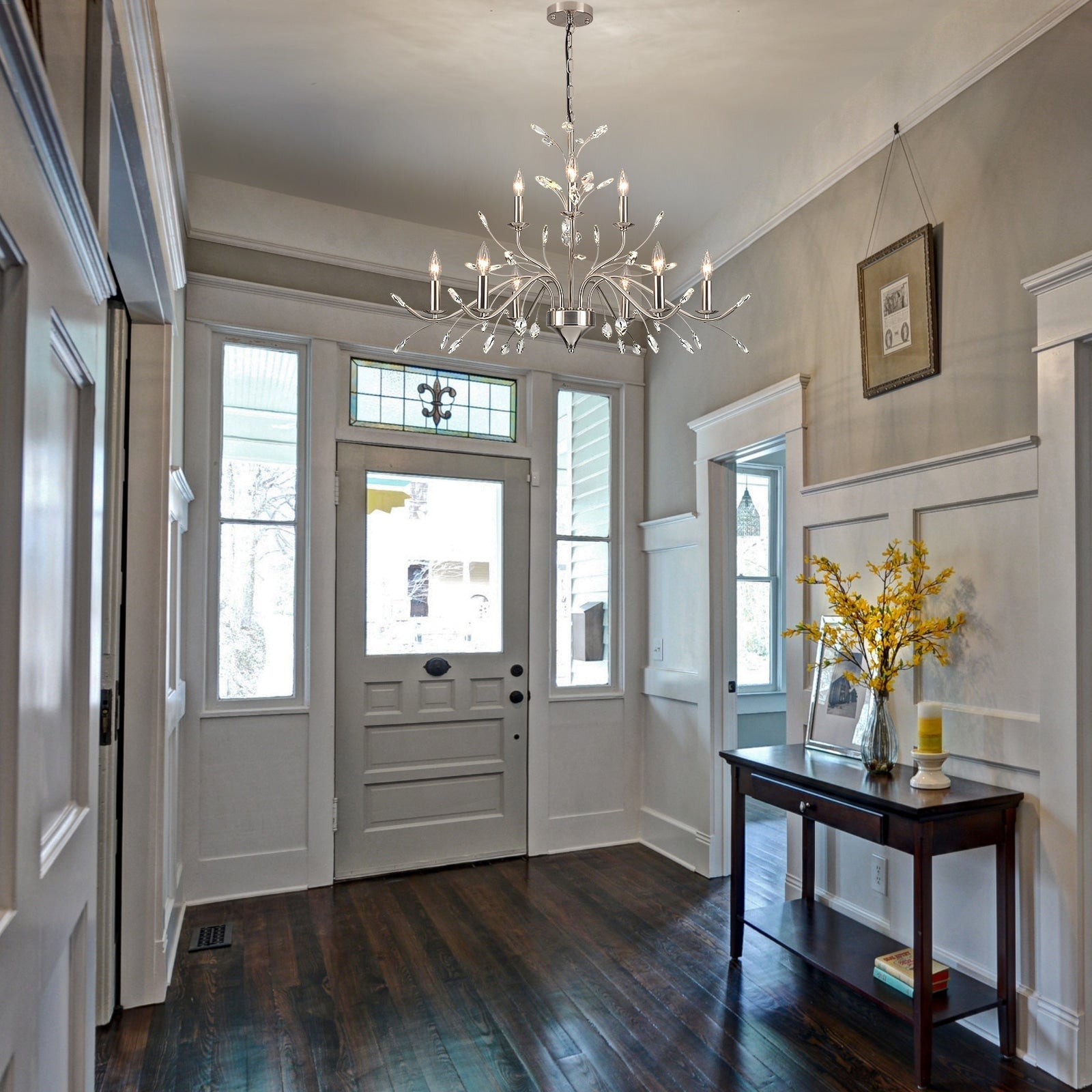 Retro-Bauernhaus-Kronleuchter im Kerzenstil mit Astmotiv und Kristallanhänger