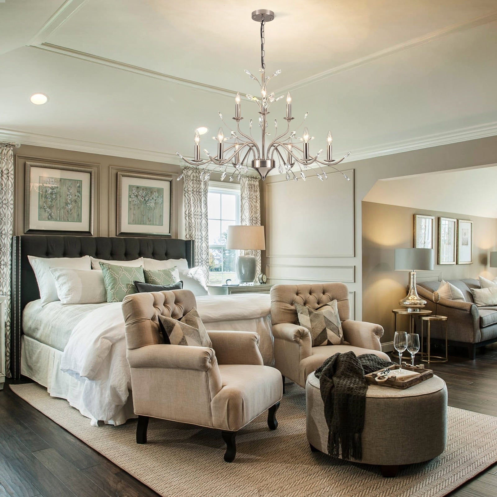 Retro-Bauernhaus-Kronleuchter im Kerzenstil mit Astmotiv und Kristallanhänger