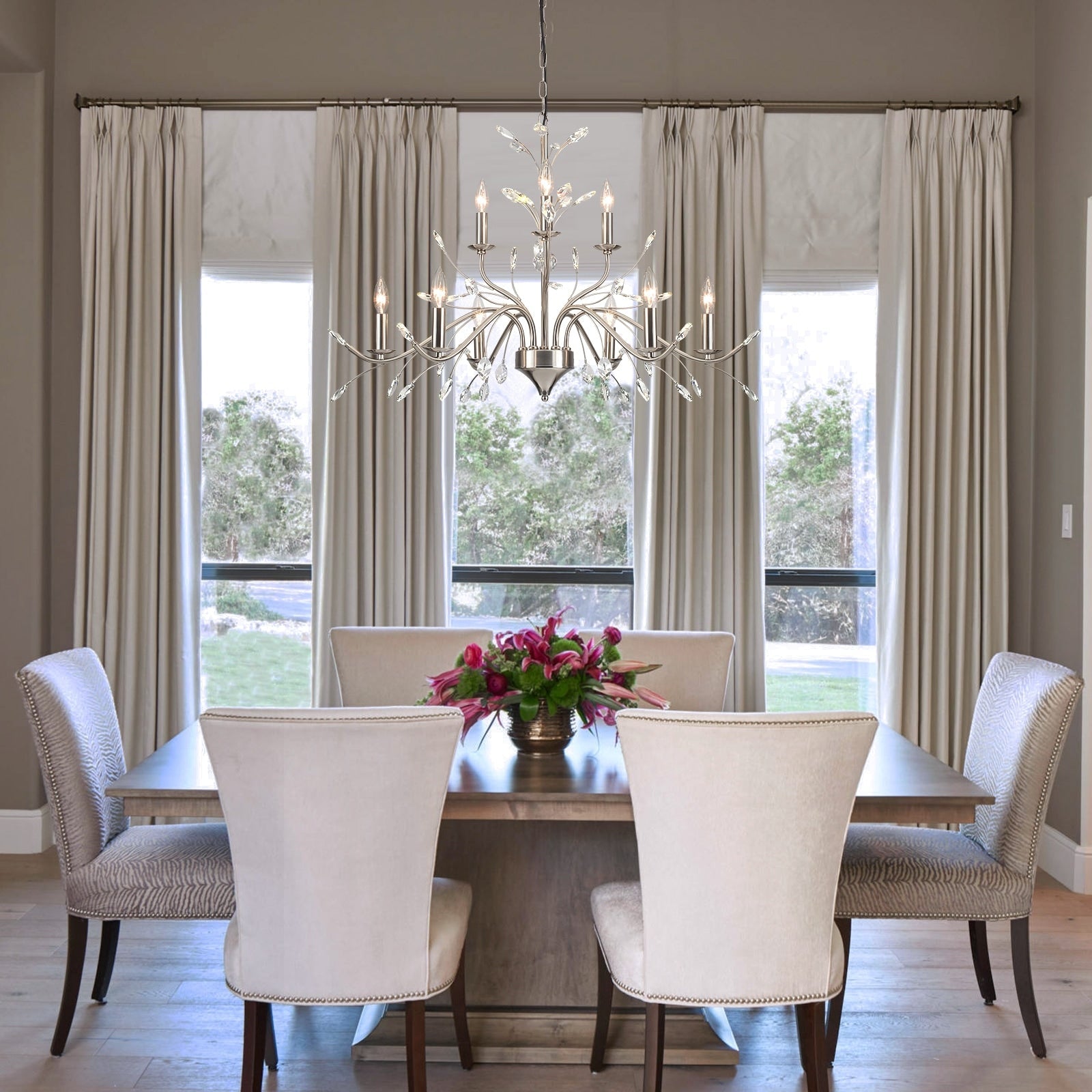 Retro-Bauernhaus-Kronleuchter im Kerzenstil mit Astmotiv und Kristallanhänger