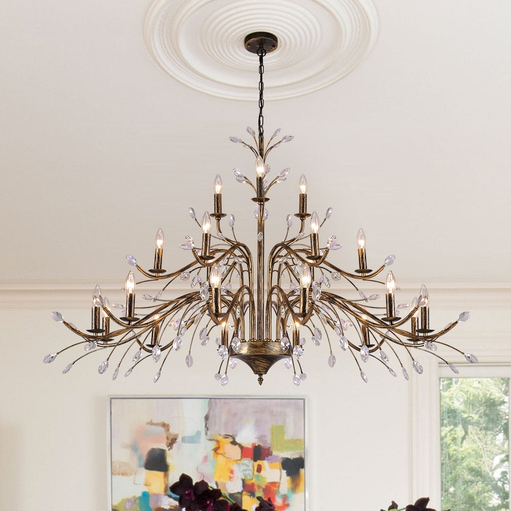 Retro-Bauernhaus-Kronleuchter im Kerzenstil mit Astmotiv und Kristallanhänger