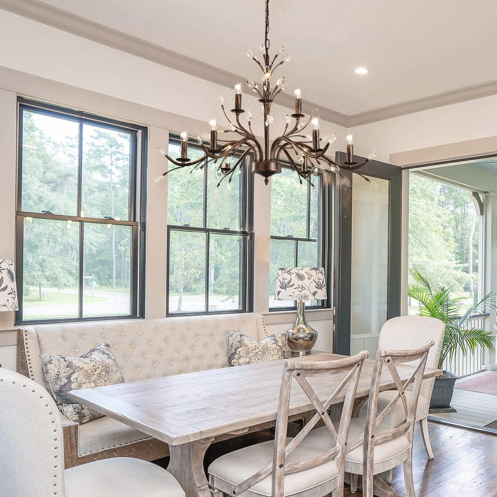 Retro-Bauernhaus-Kronleuchter im Kerzenstil mit Astmotiv und Kristallanhänger