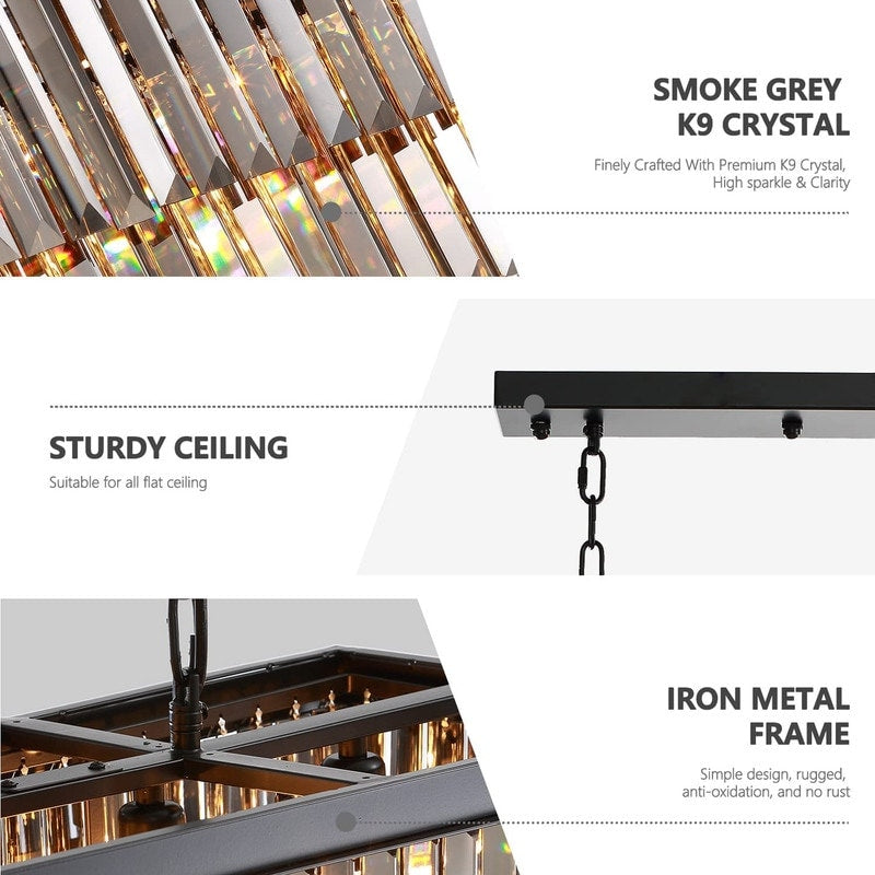 47 Zoll (119 cm) großer, moderner Kristall-Kronleuchter in Rauchgrau und Schwarz, zweistufige lineare Pendelleuchte für Kücheninseln und Esszimmer