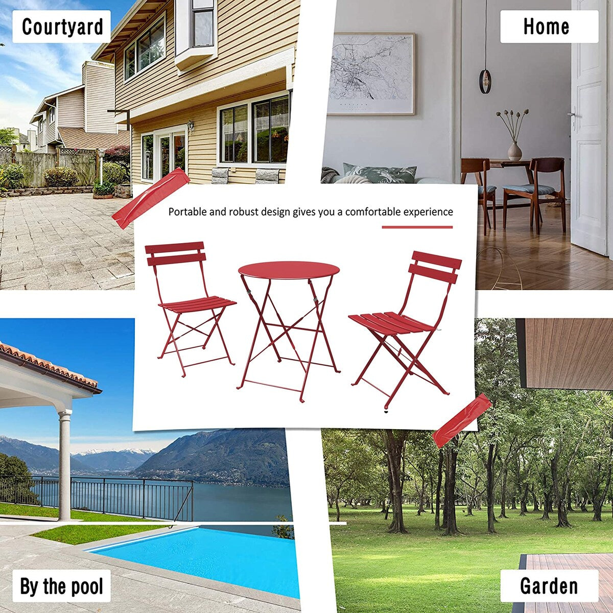 3-teiliges, klappbares Bistro-Set aus Metall, wetterbeständiges Sitzset für drinnen und draußen, für Terrasse, Garten