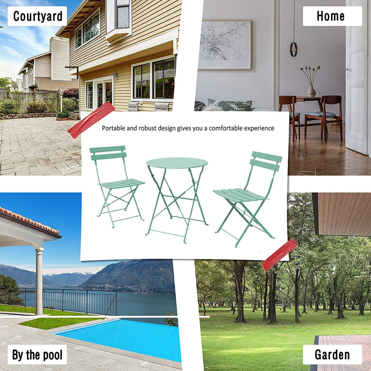 3-teiliges, klappbares Bistro-Set aus Metall, wetterbeständiges Sitzset für drinnen und draußen, für Terrasse, Garten