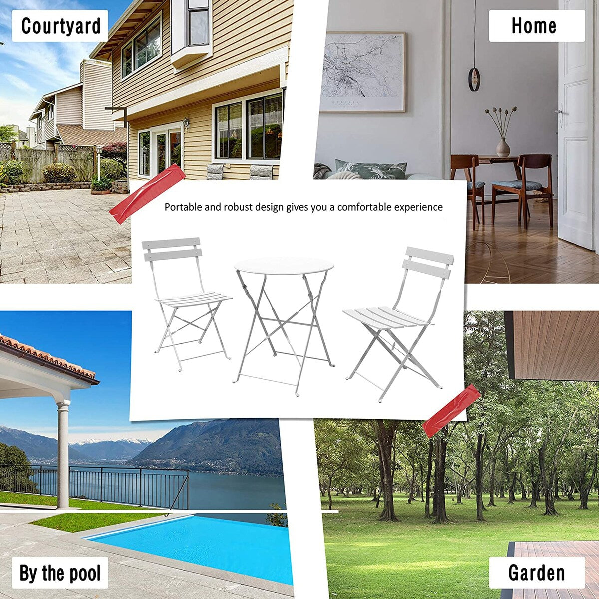 3-teiliges, klappbares Bistro-Set aus Metall, wetterbeständiges Sitzset für drinnen und draußen, für Terrasse, Garten